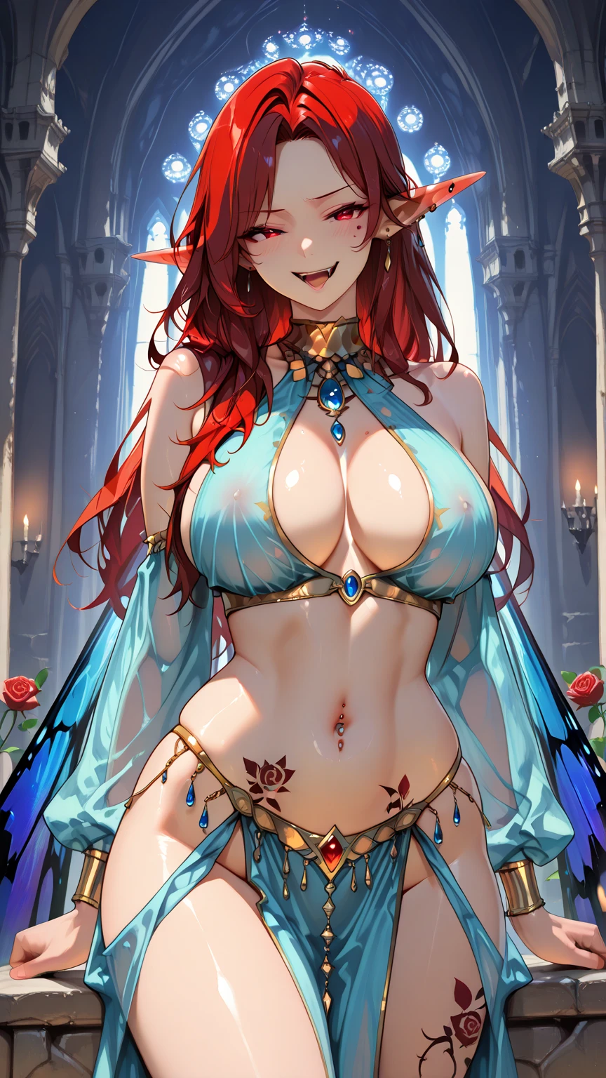 An ultra-detailed illustration of a fair-skinned woman with red hair, brown eyes, and a model-like physique, big . She is wearing elegant, fantasy-style clothing, such as an intricately designed dress or armor with elaborate details. She has a tribal tattoo on her arm, adding a unique and exotic touch to her appearance. The background of the image should be transparent. Ensure the image is in the highest resolution possible with vibrant colors, sharp details, and a high level of realism to enhance the overall quality