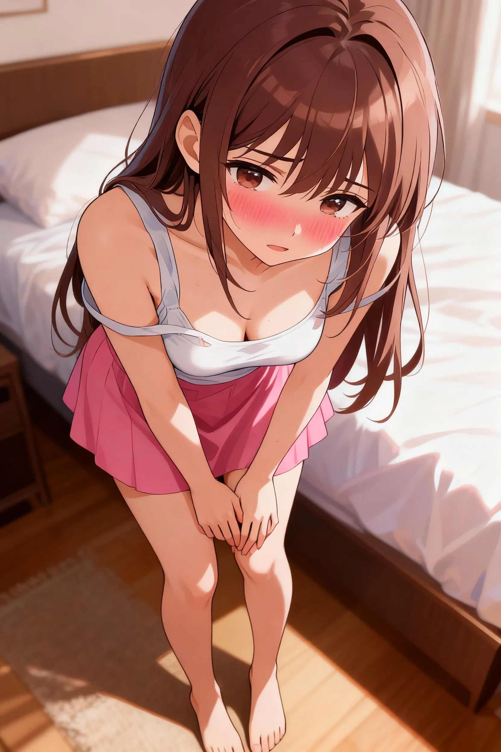 Anime girl sitting facing forward showing her ????????? and flat shoes and a ????? in her ????