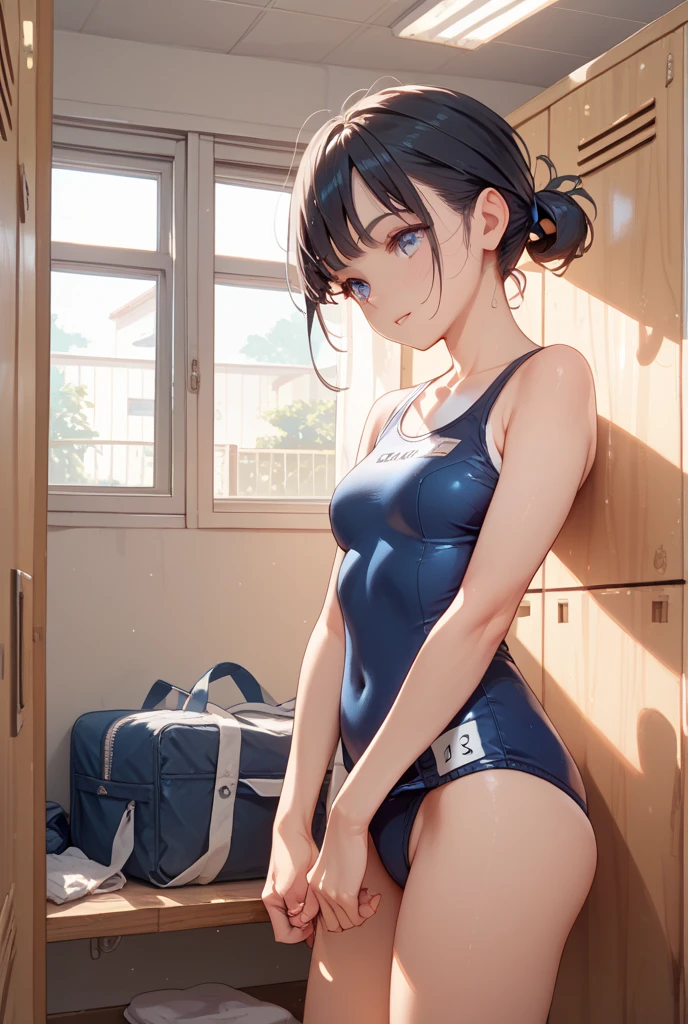 1 Lady Solo, /(competition swim suit/), infp young woman, /(A dark-haired/) Bangs, blush gentle smile, (masterpiece best quality:1.2) Ultra-detailed and delicate illustrations, Big break /(indoor locker room/)