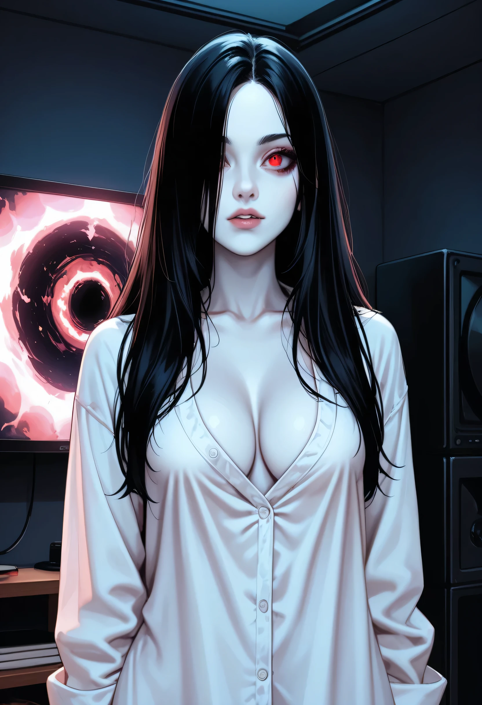 score_9, score_8_up, score_7_up, BREAK by Hirune style, Masterpiece, 1girl, torso shot, black hair, long hair, ghost girl, white skin, white oversized shirt, cleavage, , saggy , TV in background, dark room, red shiny eyes, neutral expression, hair covering one eye, dark circle under eye