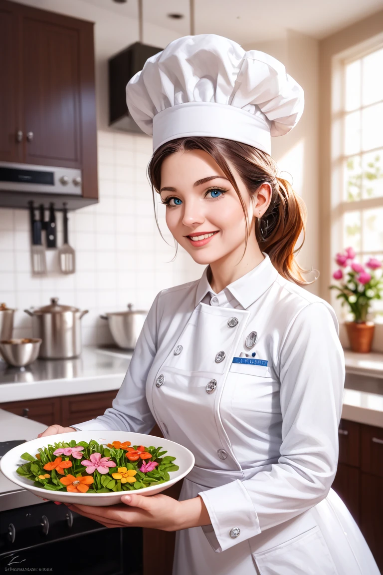 a  fast food worker in a fast food kitchen, beautiful detailed eyes, beautiful detailed lips, extremely detailed face and skin, tight fitting uniform, hands holding burger, greasy kitchen equipment, neon signs, bright lighting, cinematic lighting, vibrant colors, 4k, 8k, high quality, photorealistic, hyper detailed, professional photography, masterpiece