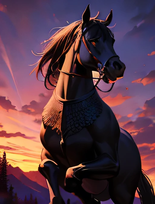 Horses with scaly cortex,realistic transcendental details,shiny skin,muscular and strong body,cool and lively eyes,unusual colored scales,Shining brilliantly、Dynamic Action,desolate wilderness background,reddish purple sky at dusk,dark and gothic atmosphere,Oil Paint、Superb Realism、4K Masterpiece