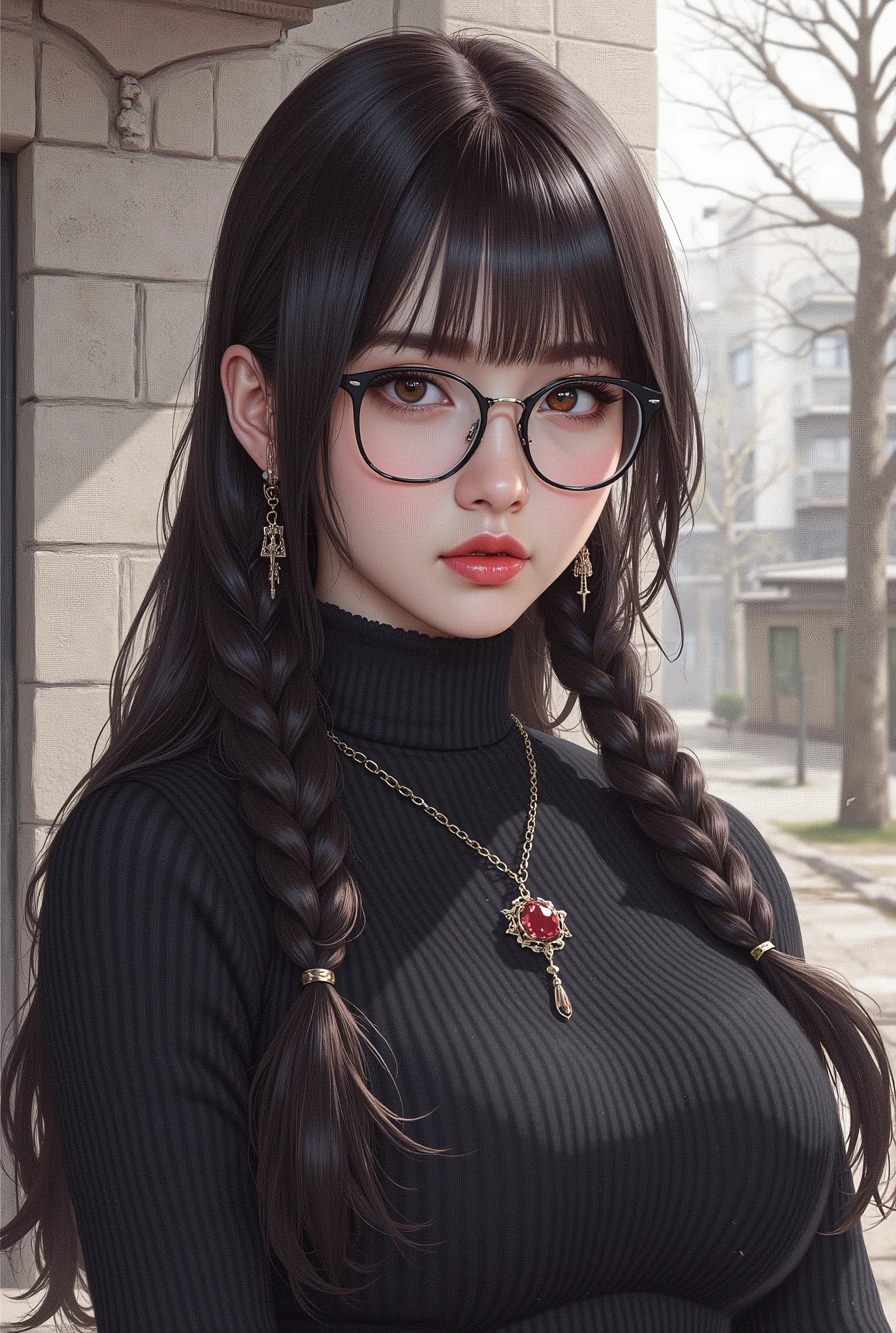 (  Highest Quality, best illustrations,high image quality:1.2), (Horror Fantasy:1.5), (ink and watercolor:1.5),(Ominous Scenery   :1.5),(A lot of dust rises:1.5),(  Dirt Track   :1.5),(wonderful:1.5),(masterpiece:1.5),  (Powerful figures:1.1、Big Breasts:1.3) 、 ((((glasses, cute、 red eyes、 Evil Ruby's Cursed Necklace )))),(((glasses、Big Breasts、  braids)))、  cute face,  raise eyebrows , ,(Fatal Beauty,  charming beauty ) ,(Mysterious Charm:1.1),(Big Breasts、attractive silhouette),   high image qualityテクスチャ 、High Quality Shadows、   beautiful and delicate face   、 beautiful, delicate, eyes are sticky liquid dripping  、 ray tracing 、 20th Generation、 cute K-POP girl、( The Face of Korea )、Thin face、( Ulzan-6500-v1.1:0.6)、   Face of Pure Loss   _v1 , ( beautiful and delicate face ,  beautiful and delicate eyes,  perfectly balanced face ,  high image quality skin ,  detailed skin,  lens flares {x} perfect ratio 4 fingers to 1 thumb :1.25)、 DSLRs、   地獄から来たbeautiful悪魔女  ,    ATTRACTIVE GIRL  , Real Girls, Gurwitz,  Gurwitz-style Artwork , Girl Roleplay, Realistic 3d style, cgstation Popular Topics,,  8k portrait rendering BYMR. nomi ,（truth,truth:1.4,glassesの少女  :1.2)、cheek、 glossy lips, 1. オーバーサイズ comment:  comment、 come up with an oversized design that covers shoulder to knee.。 navy blue or black are standard colors .、[ Soft khaki or beige , wait.、 Pick the right color for the season 。 2.    choose the color that suits your skin    : To protect yourself from the cold、    choose the color that suits your skin   、 ニットの質感と色を commentに合わせてください .。 3. ワイドレッグ   pants:    pants,  choose a wide leg design 、combines mobility and style。Dark tone denim or black   pants look great.。 4. knee-high boots: オーバーサイズ commentに含まれるもの、boots are black or dark brown Match the texture and color of the fashionable.、  Gives a stylish impression  。 5. accessories:   The  。  Disney  、   long necklace  、6. handbag: handbag、let's match the color of your outfit.