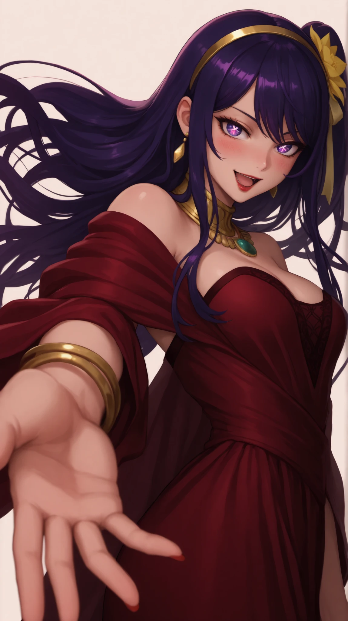 masterpiece, best quality, amazing quality,, ai hoshino, hoshino ai, long hair, bangs, purple eyes, purple hair, symbol-shaped pupils, one side up, hair ornament, hair ribbon, mature female, , anime screencap, yorsredgown, hair ornament, dress, jewelry, shoulders, flower, earrings, hairband, hair flower, necklace, bracelet, strapless, red dress, lipstick, red nails, strapless dress, side slit, yellow flower, long dress, red lips, gold earrings, gold hairband, random sfw poses, solo, looking at viewer, blush, smile, open mouth, standing, :d, from side, floating hair, outstretched arm, reaching, outstretched hand, reaching towards viewer,, slit_pupils, open mouth, transparent background, simple background, white background, , ,