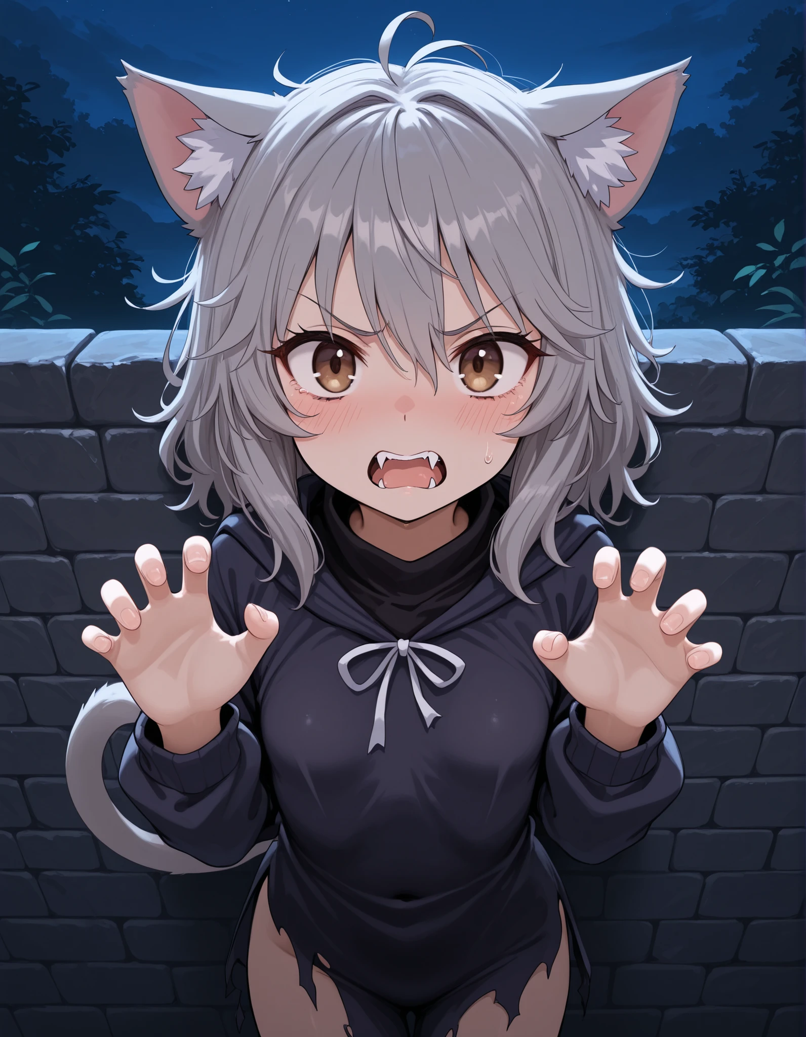 taga,, 1girl, petite, (skinny and frail:0.7), cat girl, against wall, stone wall, brown eyes,looking at viewer, grey hair, medium hair, messy hair, angry, (scared:0.4), (open mouth:0.5), fangs, hands up, (tearing up:0.5), tail raised, torn clothes, straight-on, dark, night, outdoors, masterpiece,best quality, amazing quality,