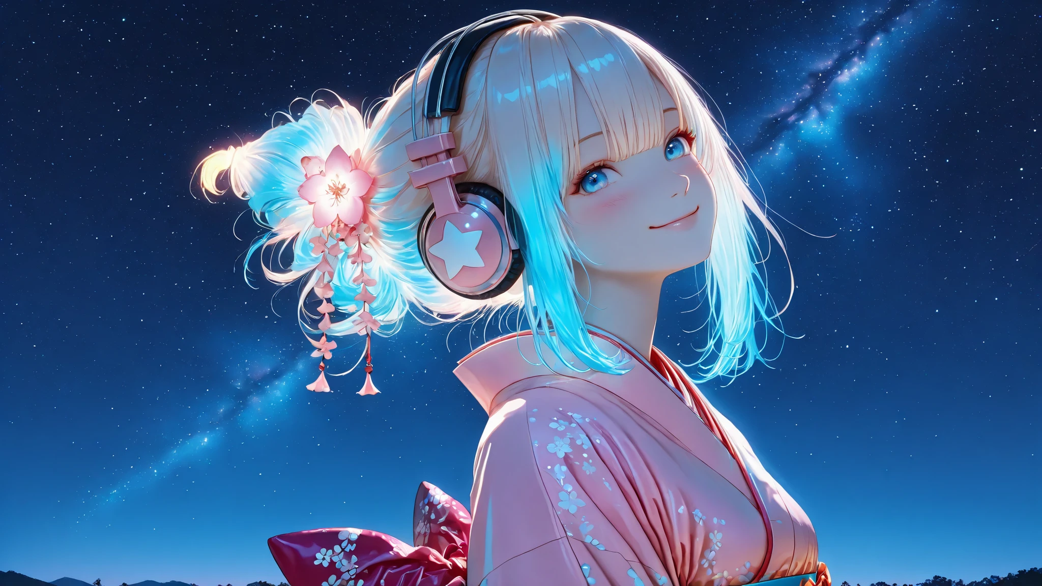 Girl, aesthetic, semi realistic, tied hair, smile, blush, pastel blue color, kimono, satin fabric, cute, whimsical, night, glow, shine, glowing hair, ((Beautiful woman in kimono:1.5)), ((headphones)), ((background: night, starry sky)), ((ukiyo-e style)), ((smile)), ((1 girl)), ((bust up)),
