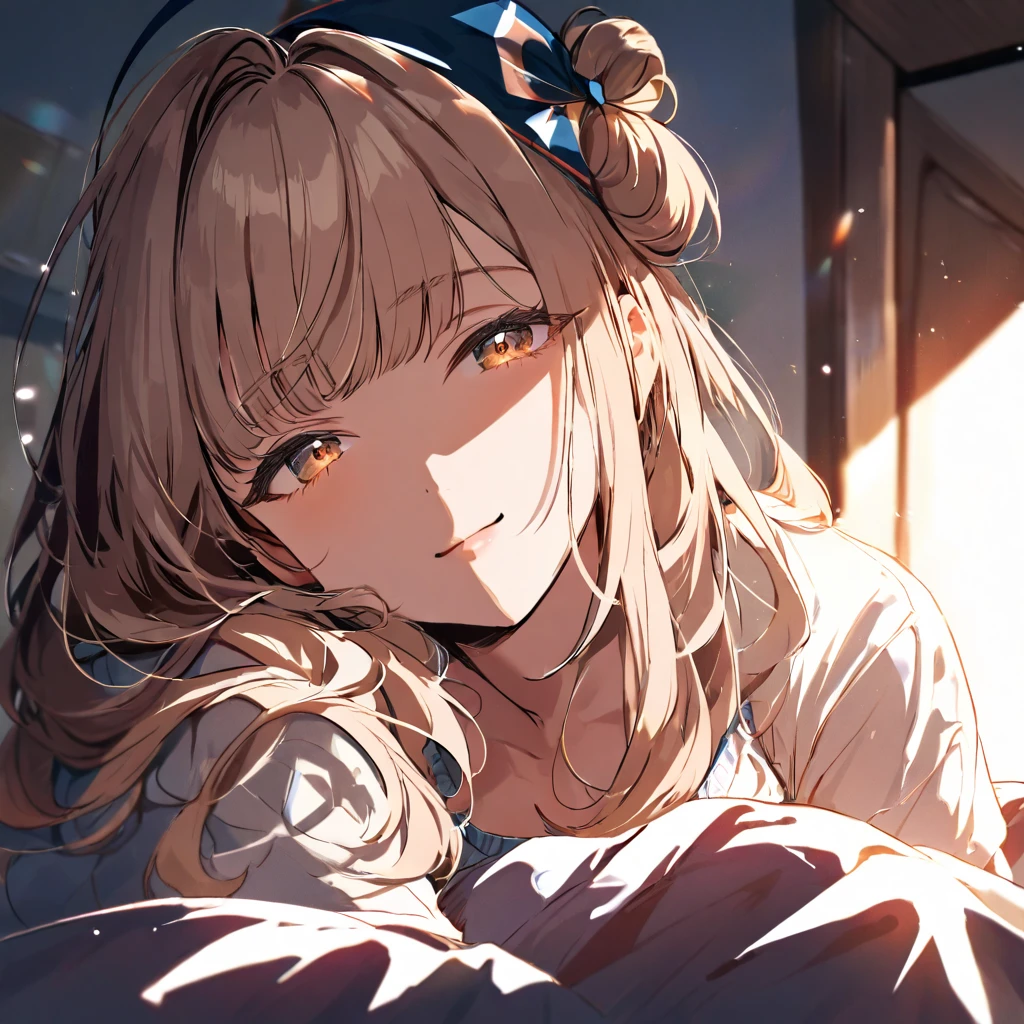 Asuna, Asuna_(Star), 1 girl, fantasy, high resolution,  watching_leave, watching_arrive_this_side,  The original, actual,  FULL body, Smile, Lying in bed in pajamas,