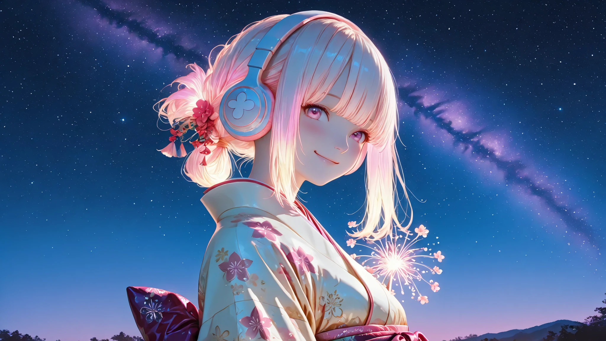 Girl, aesthetic, semi realistic, tied hair, smile, blush, pastel color, kimono, satin fabric, cute, whimsical, night, glow, shine, glowing hair, ((Beautiful woman in kimono:1.5)), ((headphones)), ((background: night, starry sky)), ((ukiyo-e style)), ((smile)), ((1 girl)), ((bust up)),