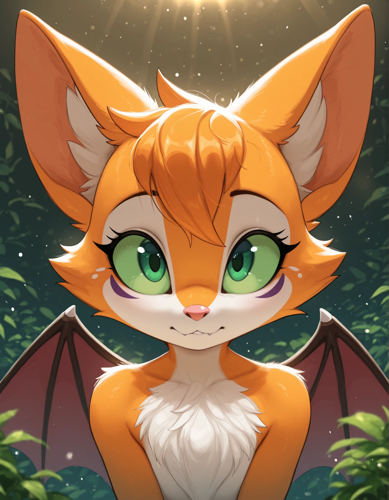 taga,, masterpiece, best quality, very aesthetic, (1girl:0.7),, (solo:1.3), furry, fidget \(elysian tail\), nimbat, fidget_daet, anthro, furry female, wings, tail, green eyes, colored sclera, bat wings, facial markings, orange fur, white fur, two-tone fur,membranous wings, fluffy, portrait, big eyes, young, BREAK, masterpiece, best quality, high quality, particles effect, [:by Desubox:0.15], [:by Anchee, by Snowskau:0.55], detailed background, detailed foreground, subtle shadows, depth of field, backlighting, plant, nude