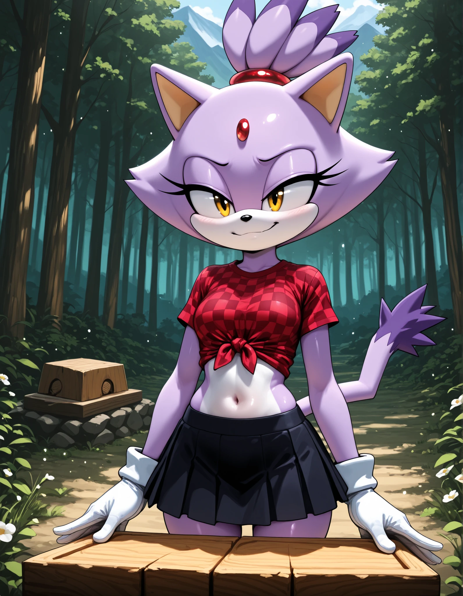 taga,, solo, 1girl, blaze the cat, furry, shiny skin, short stack, white gloves, black miniskirt, midriff, red checkered knotted top, tied shirt, BREAK smile, smug, BREAK night, forest background, (mountains:1.1), flower, wood chopping block, cowboy shot, BREAK masterpiece, amazing quality, best quality, very aesthetic, newest, absurdres, cinematic lighting, ambient occlusion, raytracing, colorglow, light shafts, light particles