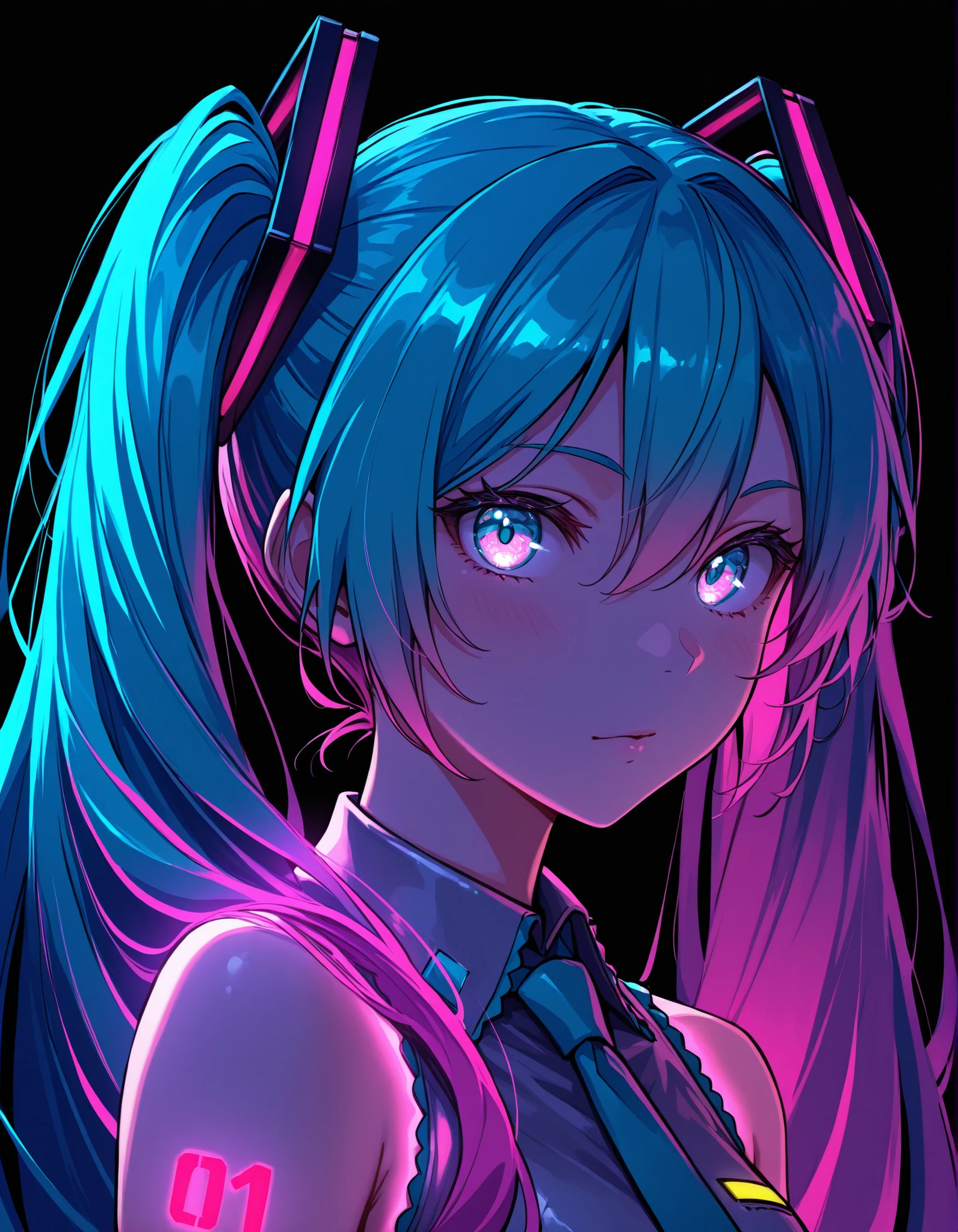 taga,, Hatsune Miku, limited palette, black background, colorful, vibrant, glowing outline, neon, blacklight, looking at viewer, masterpiece, very aesthetic