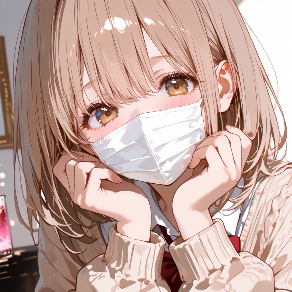 (white mouth mask:1.5)，(closed eyes), (lie on bed:1.5)，Highest quality, Anime Moe Art Style,Best Anime 8K Konachan Wallpaper，Perfect , (One Girl:1.5), (alone,13 years old:1.8),high school student, short hair, (Straight hair:1.6)，(Medium chest)，(Blonde:1.8)，Complete limbs, Full Finger,medium breast，Small eyes,Accurate blue eyes, (hair over one eye:1.5)，Hair Clip, Very detailed,High resolution,Very detailed肌, Professional Lighting,8K eye detail, (Cute illustrations:1.2), (indoor),(Cute Girl's Room:1.4),(modern and sophisticated furniture:1.2),(plush velvet chair and ottoman:1.4),(elegant curtains and window treatments:1.2),(Designer Fashion:1.4),(Instagrammable fashion photo corner:1.2),(unique framed statement mirror:1.4),
(fashion runway style rug:1.2),(Customized closet filled with trendy clothes:1.2)，(gorgeous dressing table:1.2)，(Fashion Magazines:1.2)，(Cute decoration:1.4)，(chic lighting fixtures:1.4),(comfortable and stylish bedding:1.4)，(Specialized area for fashion accessories:1.3)，(高级饰品:1.2)，(fashion sketch and design book:1.2)，(bed:1.9)，(ankle socks:1.2)，nose blush ，A girl lying in bed with a cold with her head on the pillow, cute, detailed drawing, under art，
1 girl, bangs, bed, blush, sweat, cold, blond hair，(pajamas:1.5), indoors，lying on back, pillow, side lock, sleeping, on futon, on futon sleeping face to face，