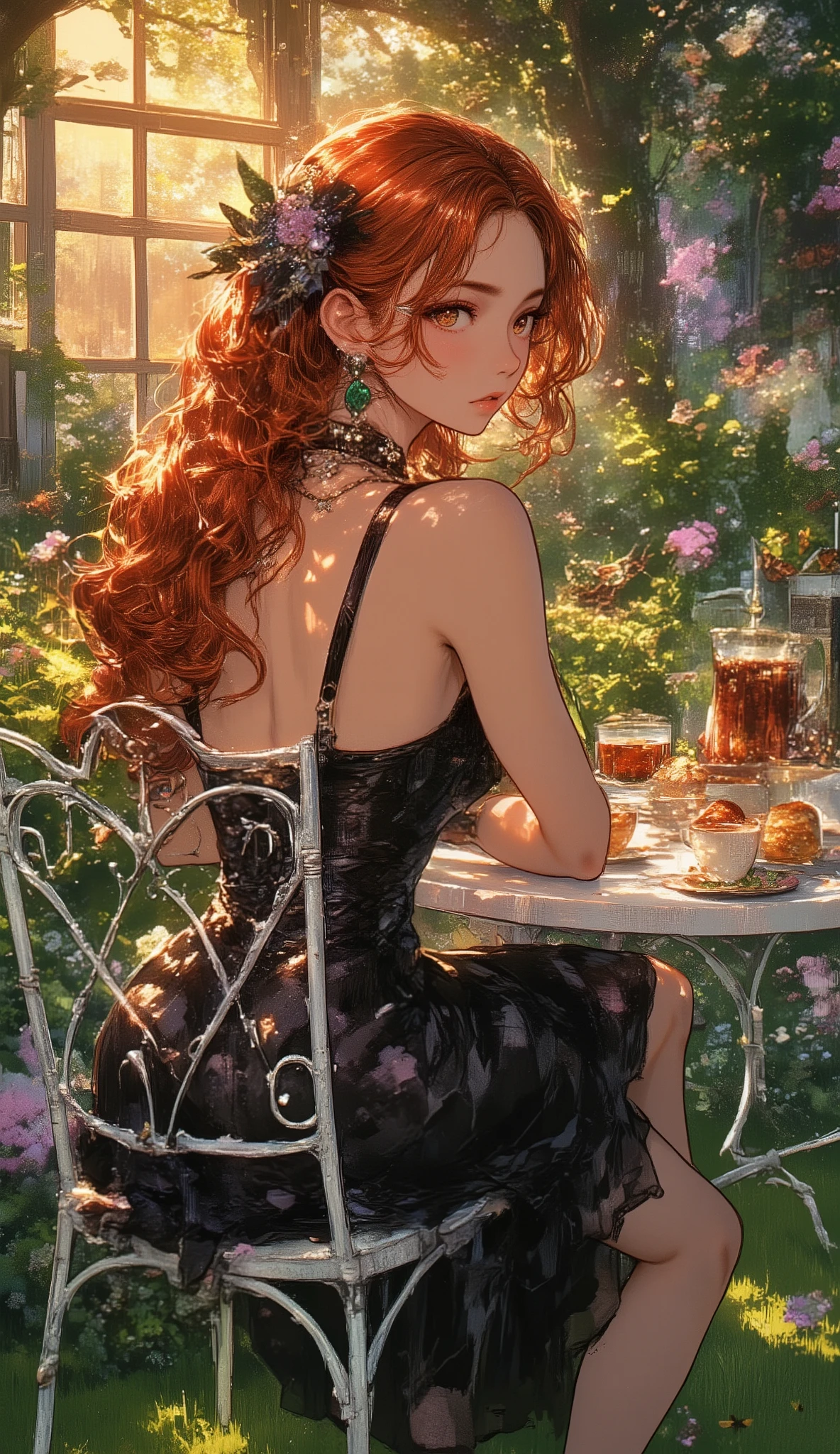 ((best image quality、Japanese anime illustration))、Artistically drawn、A stunning portrait of a beautiful woman carefully drawn down to the smallest detail。
(((sexy adult woman: 1.2)))(((Grown up look )))((30 years old))(Beautiful、Beautiful Woman)(tan brown skin、long crimson hair )、orange eyes、perfect curvy head、long eyelashes on the head、Dramatic Eyebrows、(((Malicious Expressions: 1.2)))、(((Back: 1.2))),(((accentuated breasts: 1.2)))、green earrings、necklace、Colorful rings (Model's perfect body shape)
Enchanting Lights and Shadows、A witch with passionate red hair、old Western-style garden with a sense of history、beautiful green lawn carpet、Butterflies and bees flying around A field of colorful flowers、Delicately decorated white iron table、luxurious afternoon tea for one person、Fragrant Black Tea、While freshly baked scones 、homemade jam and cream、pensive expression、graceful behavior and behavior、gothic black dress、Elegant tea time sitting on a chair、red hair shining in the sunset、soft golden light、picturesque garden scene、magical serenity、The Boundary between Reality and Illusion