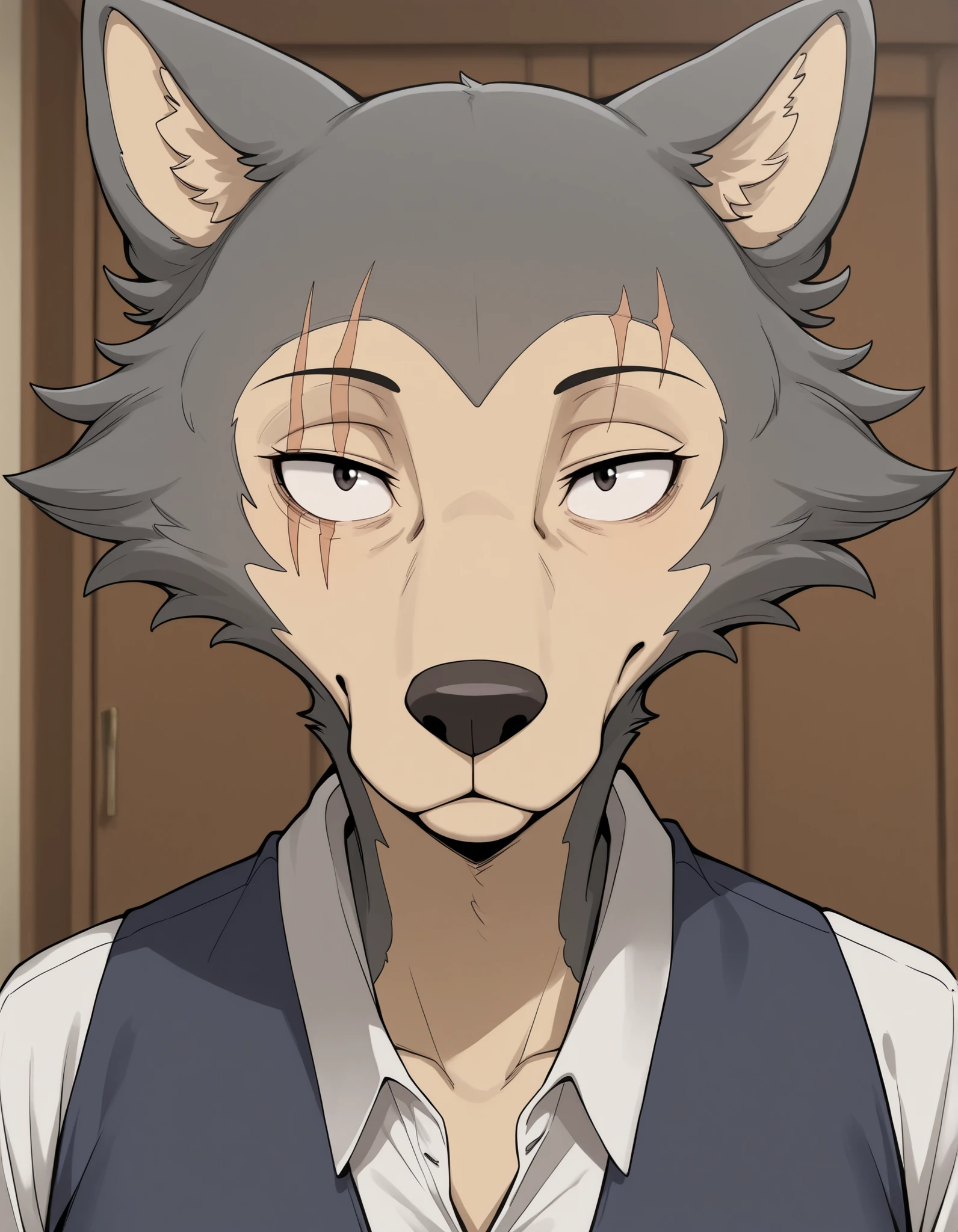 taga,, (masterpiece, best quality, high quality, good quality), solo,, legoshi \(beastars)\, wolf, grey fur, facial scar