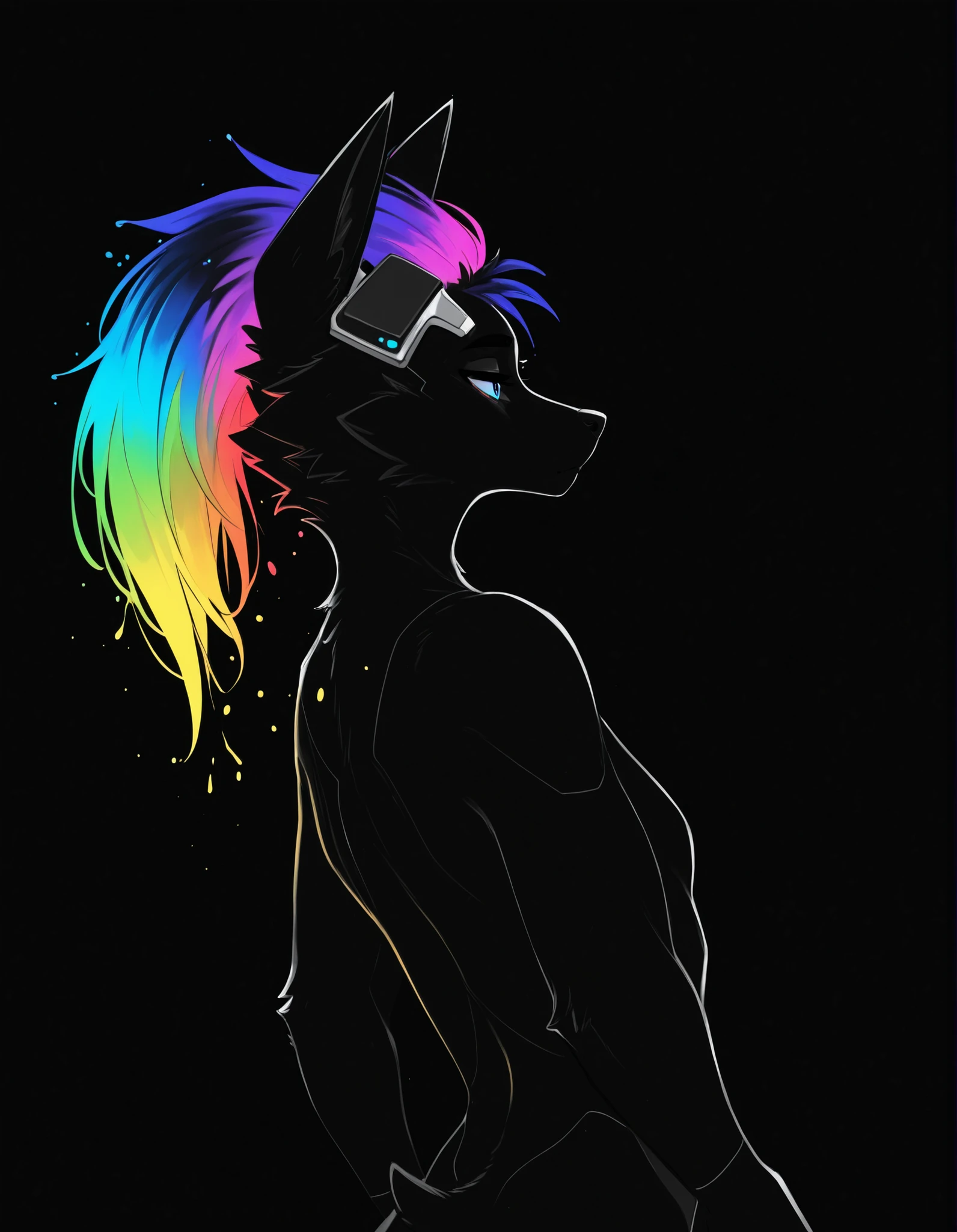 taga,, furry girl, anthro, facing sideways, elegant pose, silhouette body, (glossy black fur), (neon outlines), (flat lighting), exploding fractals, liquid neon paint, splash effect, rainbow iridescent hair, gradient glow, (triadic colors), (spot color:1.2), cyberpunk headgear, artistic, abstract style, black background, recursion, film grain, no lineart, high aesthetic,