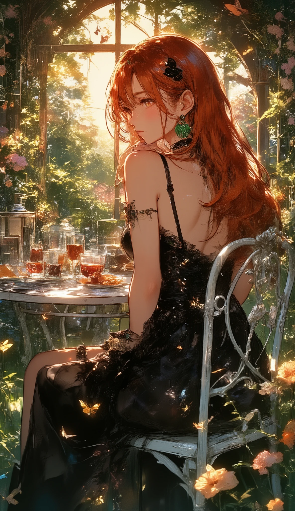 ((best image quality、Japanese anime illustration))、Artistically drawn、A stunning portrait of a beautiful woman carefully drawn down to the smallest detail。
(((Adult Women with Sex Appeal: 1.2)))(((Grown up look )))((Quiet Sex Appeal and Mysterious Atmosphere)) ((Unique Luster))、(((The Enchantress: 1.2)))(Beautiful、Beautiful Woman)(tan brown skin、long crimson hair 、straight hair)、orange eyes、perfect curvy head、long eyelashes on the head、Dramatic Eyebrows、(((Malicious Expressions: 1.2)))、(((Back: 1.2))),(((accentuated breasts: 1.2)))、green earrings、necklace、Colorful rings (Model's perfect body shape)
Enchanting Lights and Shadows、A witch with passionate red hair、old Western-style garden with a sense of history、beautiful green lawn carpet、Butterflies and bees flying around A field of colorful flowers、Delicately decorated white iron table、luxurious afternoon tea for one person、Fragrant Black Tea、While freshly baked scones 、homemade jam and cream、pensive expression、graceful behavior and behavior、gothic black dress、Elegant tea time sitting on a chair、red hair shining in the sunset、soft golden light、picturesque garden scene、magical serenity、The Boundary between Reality and Illusion