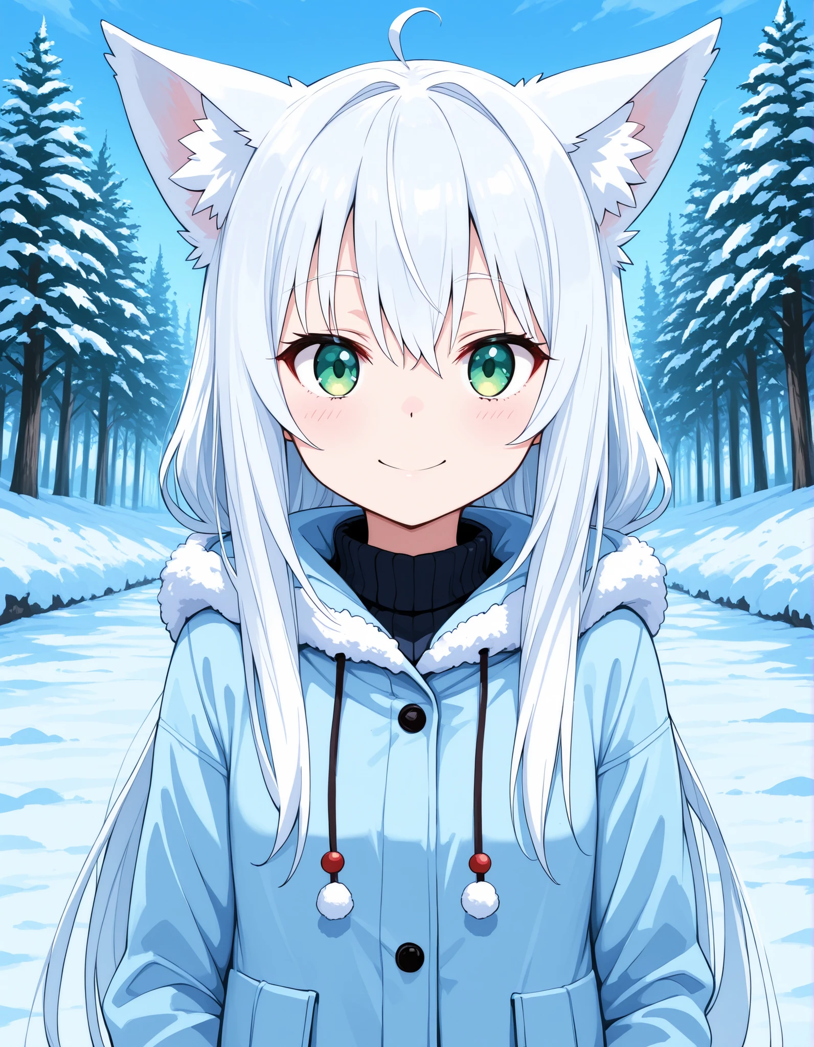 taga,, anime, solo, BREAK, young fox girl, skinny and frail, (petite,cute:0.5), green eyes, looking at viewer, long hair, white hair, smile, winter clothes, outdoors, winte