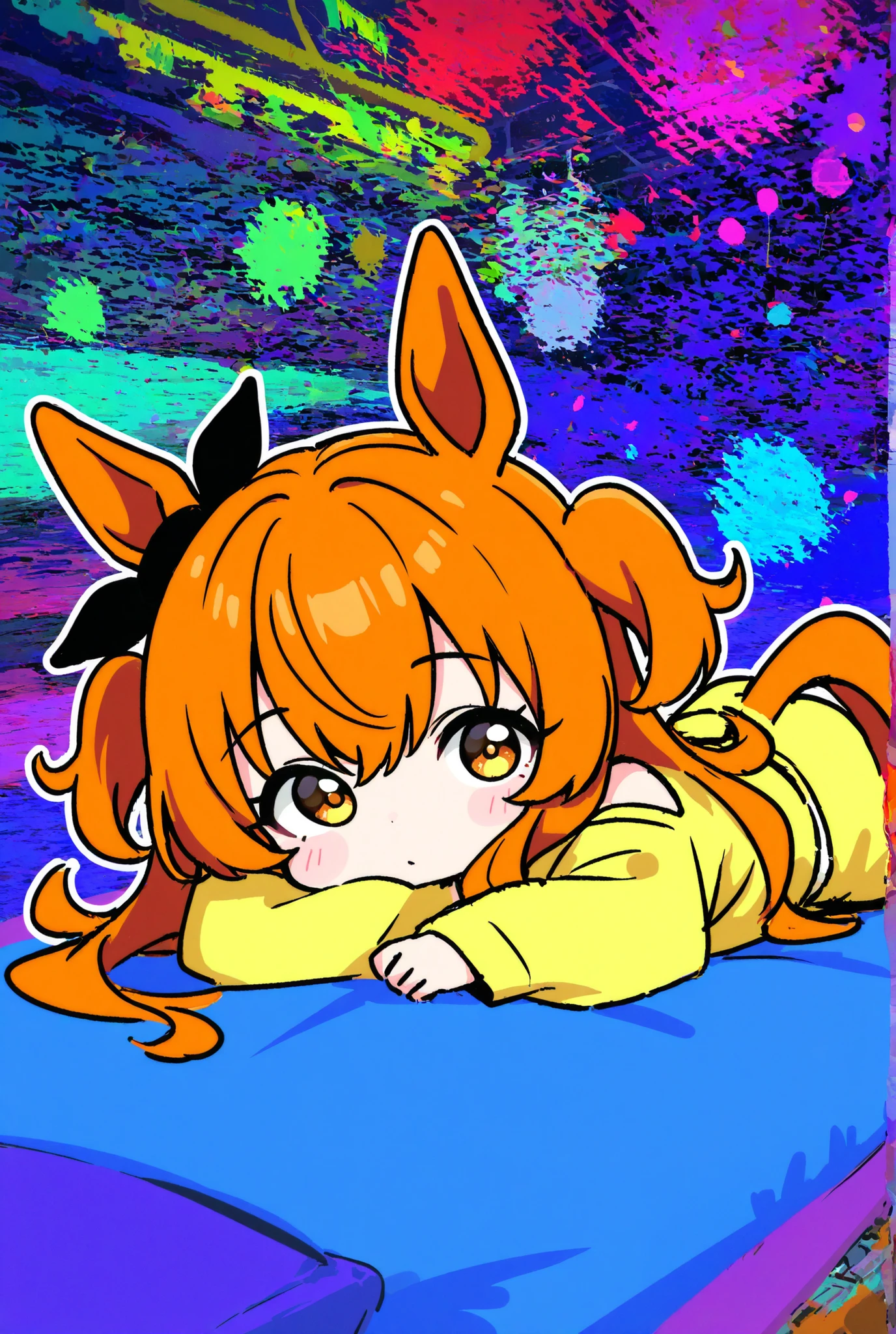 masterpiece, best quality, amazing quality, 1girl, mayano top gun(umamusume), chibi , vivid colors background , lying