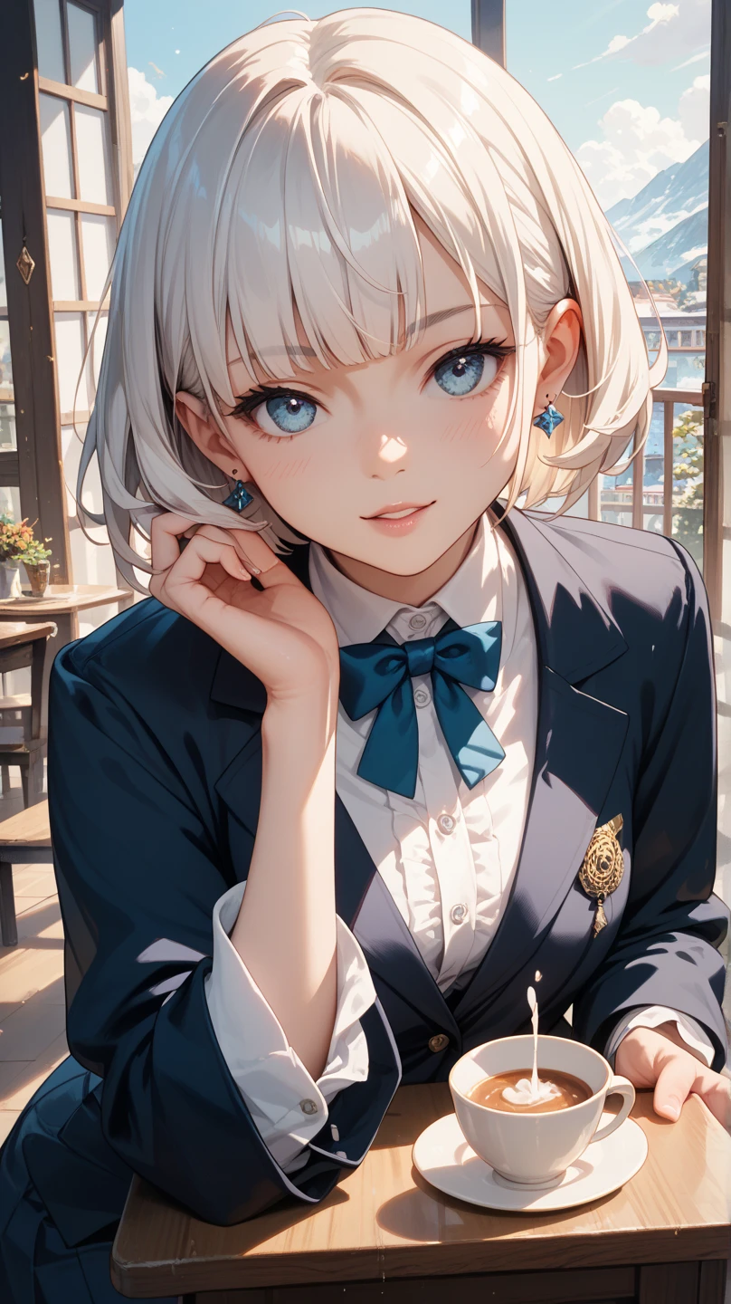 Anime girl sitting on a bench with a cup of coffee - SeaArt AI