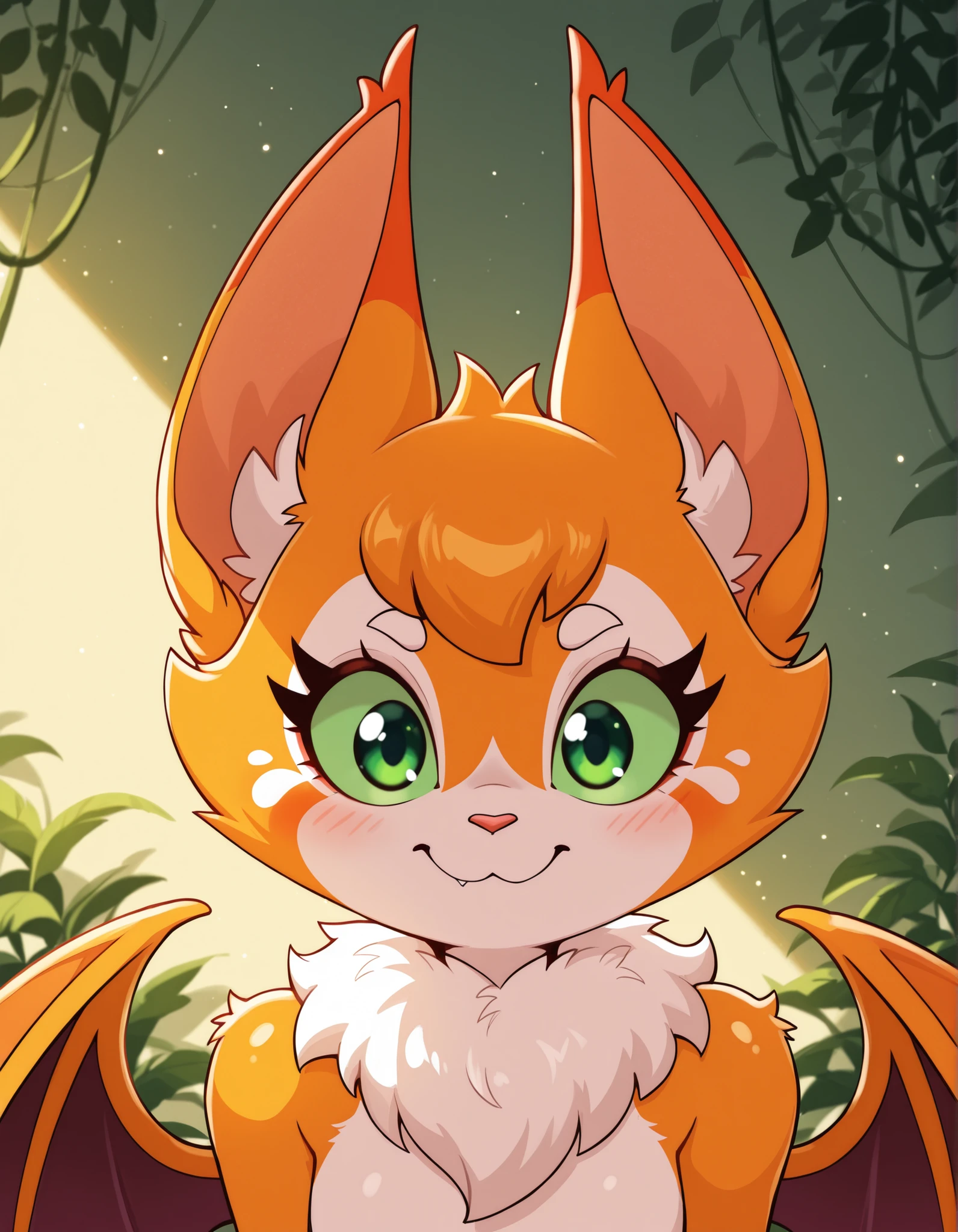 jasminthemanticore_style, shiny,, masterpiece, best quality, very aesthetic, (1girl:0.7),, (solo:1.3), furry, fidget \(elysian tail\), nimbat, fidget_daet, anthro, furry female, wings, tail, green eyes, colored sclera, bat wings, facial markings, orange fur, white fur, two-tone fur,membranous wings, fluffy, portrait, big eyes, young, BREAK, masterpiece, best quality, high quality, particles effect, [:by Desubox:0.15], [:by Anchee, by Snowskau:0.55], detailed background, detailed foreground, subtle shadows, depth of field, backlighting, plant, nude
