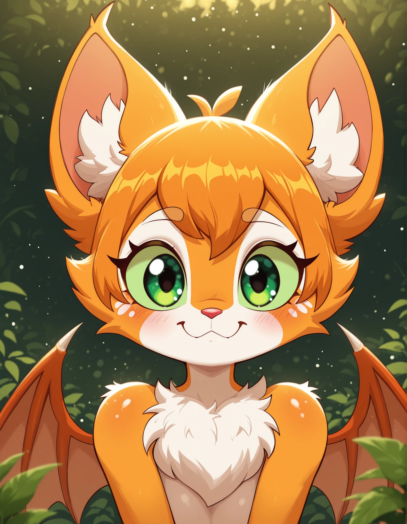 jasminthemanticore_style, shiny,, masterpiece, best quality, very aesthetic, (1girl:0.7),, (solo:1.3), furry, fidget \(elysian tail\), nimbat, fidget_daet, anthro, furry female, wings, tail, green eyes, colored sclera, bat wings, facial markings, orange fur, white fur, two-tone fur,membranous wings, fluffy, portrait, big eyes, young, BREAK, masterpiece, best quality, high quality, particles effect, [:by Desubox:0.15], [:by Anchee, by Snowskau:0.55], detailed background, detailed foreground, subtle shadows, depth of field, backlighting, plant, nude