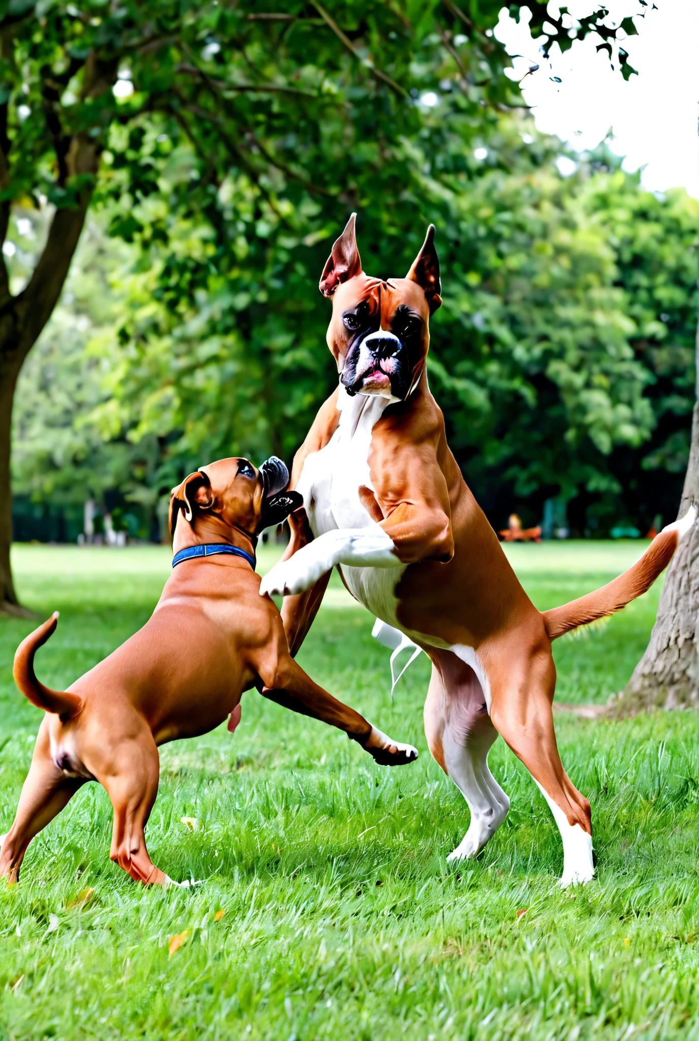 A boxer dog playing with other dogs in the park 