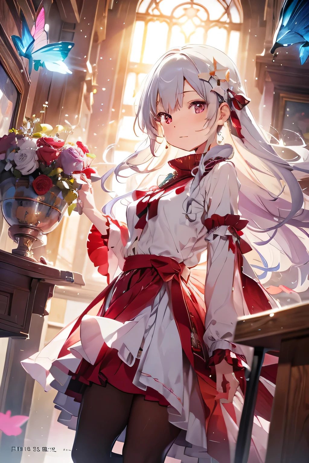 A beautiful fantasy anime girl with extremely long silver hair flowing around her,
surrounded by floating jewel-like orbs and delicate vines.
She is standing inside a translucent glass chalice filled with glowing liquid.
Her outfit is made of deep red roses and ribbons, with petals and flowers wrapping around her body.
She gently holds a glowing yellow butterfly in her hand, while more butterflies flutter around her.
Starry dark background, sparkling particles, elegant shoujo-manga art style,
highly detailed hair strands, intricate floral ornaments, soft gradients, luminous magical atmosphere,
ethereal, dreamlike, high detail, 4K illustration.