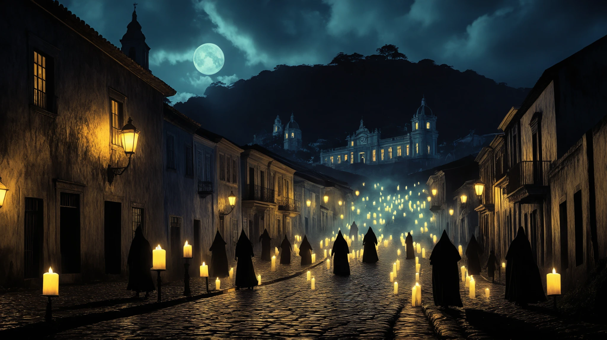 Surreal fantasy, Painterly look, detailed, intricate, cinematic styles, moody colors, a dynamic visual storytelling of a historic street in Mariana, a ghostly procession with translucent beings holding candles, ascending a cobblestone hill lined with colonial mansions, cinematic lights, Panoramic view
