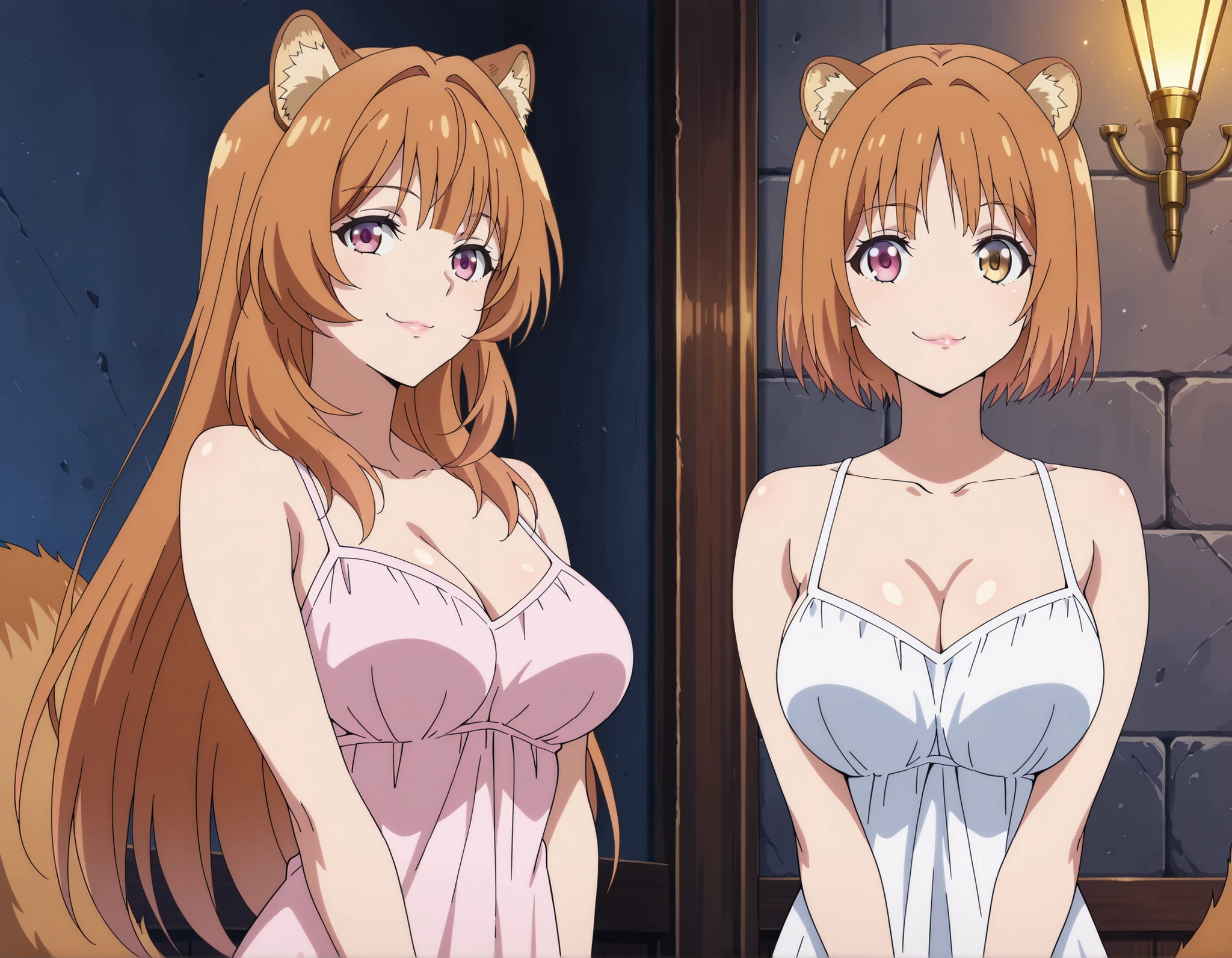 Raphalia, from The Rise of the Shield Hero, has raccoon ears, round pink eyes, orange hair with rounded ears and tail, fair skin, a slender figure, and large breasts. She poses standing with her hands at her bare sides and is an evil version of herself: short hair, yellow eyes, a smug smile, and painted lips. The background is a pink, youthful bedroom. The anime art is highly detailed, with vibrant lighting and smooth, radiant skin. Full-body image.