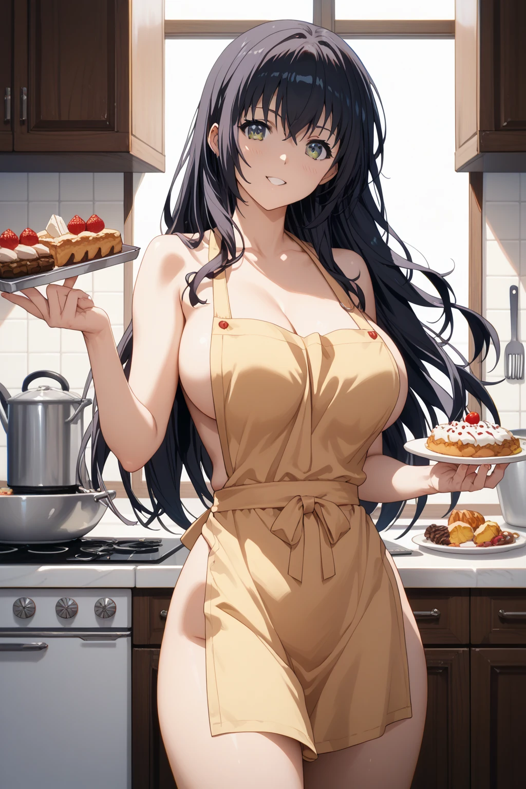 (Small breastss:1.3), (Firm breasts:1.1), (Pointed Chest:1.0), (Pudding cake magazine cover:1.3)，(From above:1.0),(From the side:0.9),masterpiece, One girl, Great cleavage:1.1, Narrow waist, BIG ASS, Raised to be sexy, Small breasts: 1.3, Posing and showing off cleavage:1.2、alone, Open your mouth, cute beer glass cute grass,Black Hair, Dark green eyes, dress, Exposing shoulders, jewelry, clavicle, Side Lock, hair band, Earrings, indoor, Off the shoulder, sweater, Put your arms behind your back, plant, short hair and long locks, gild hair band, sweater dress:1.2, off-shoulder sweater, red sweater, Dark Gorgeous Hair, Big side hair, Very long side hair,Rendered (masterpiece: 1.2, highest quality), and (Ultra-high resolution) And exquisite (Depth of written boundary). This masterpiece is not only visually stunning but also tells,Cooking in the classroom kitchen ,View Viewer,
