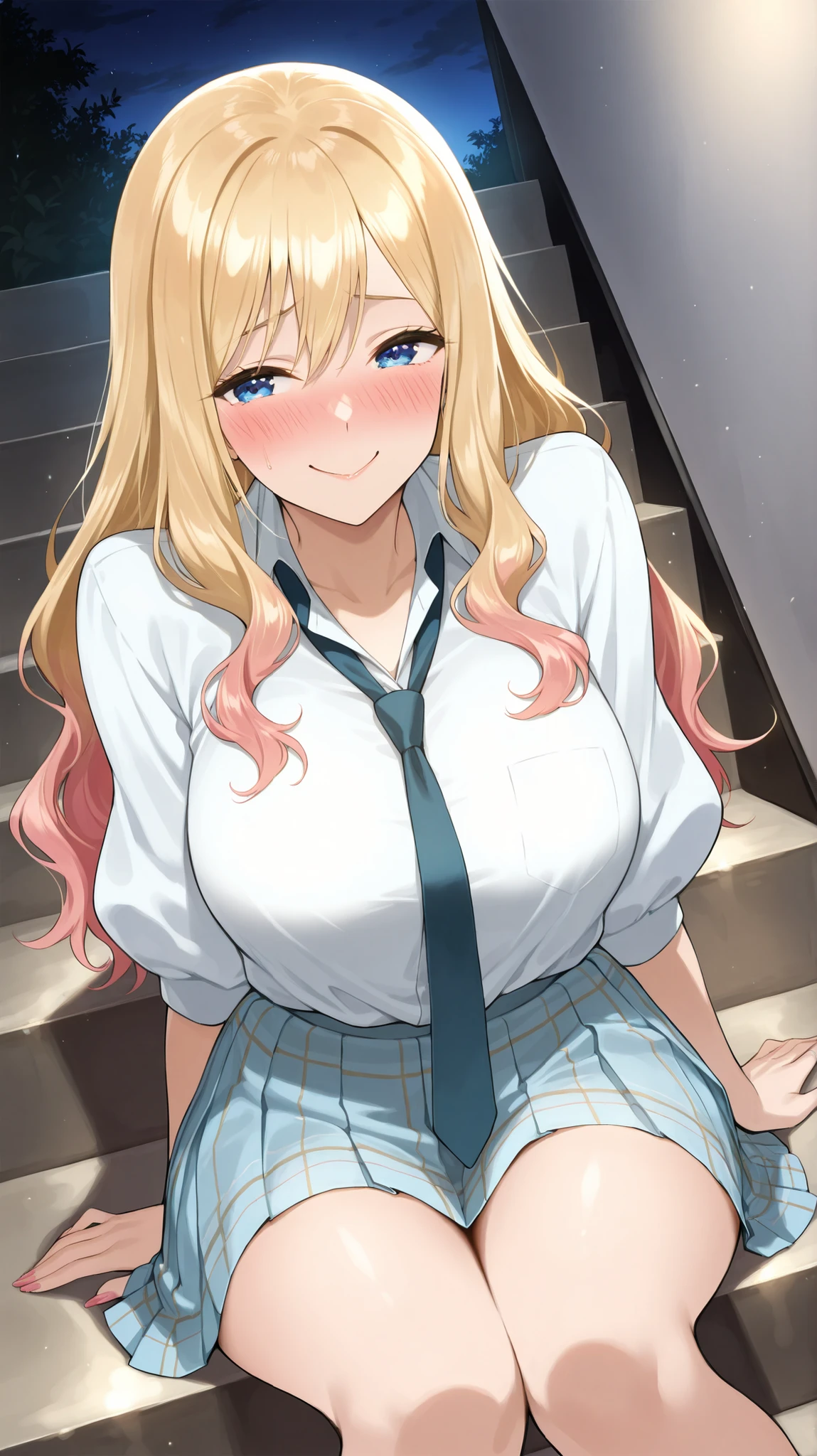 ((Studio: CloverWorks)) masterpiece , best quality , highly detailed , ultra high res , Score_9, Score_8_up, Score_7_up, perfect anatomy, detailed fingers, detailed big blue eyes, cowboy shot, dutch angle, focus on face, masterpiece, detailed anime, Sharp Focus, lady, JK, detailed face, detailed blue eyes, long hair, blonde hair, mature woman, pink highlights, wavy hair, cheerful, smiling, very happy, joy in your eyes, knee, big breasts, solo (Long-sleeved white shirt with a loose tie, pleated plaid skirt, embarrassed, sitting on the stairs, night)