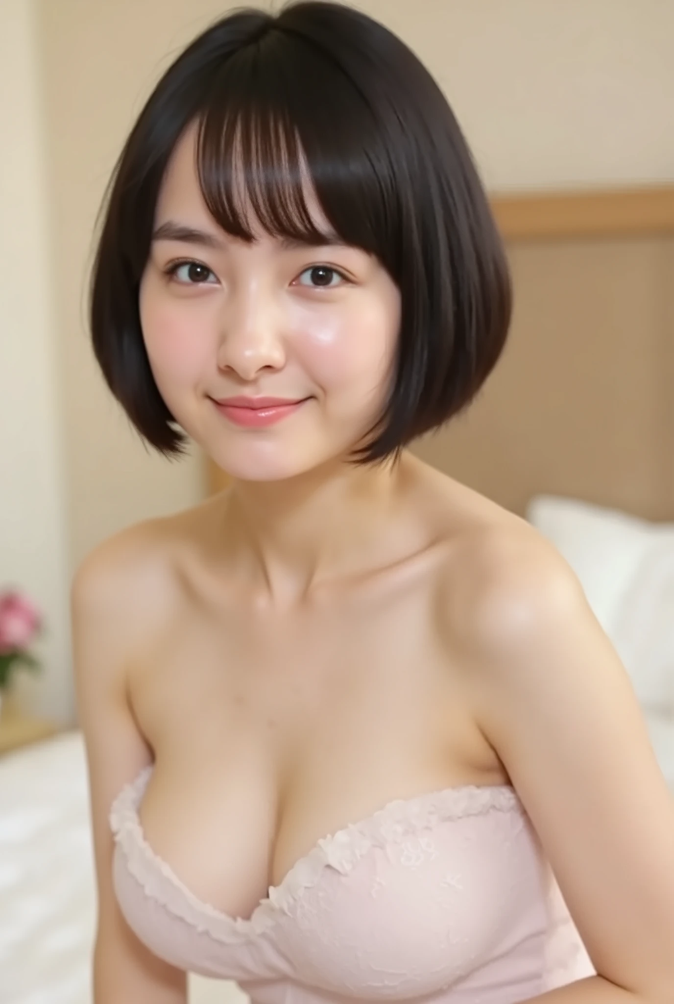 (( Premium Quality,  8k )), ((masterpiece)), ( details),    、dark hair,  Japanese girls,   first-person view   ,One Woman, a plump woman, petite woman ,   sexy,(  full nude, in the bedroom),(((    Super Giant Bust ,    full nude,  beautiful breasts,  short bob hair , dark hair))),  ((dark hair, full nude)) , (( No decoration,  no accessories,       without makeup  ))
