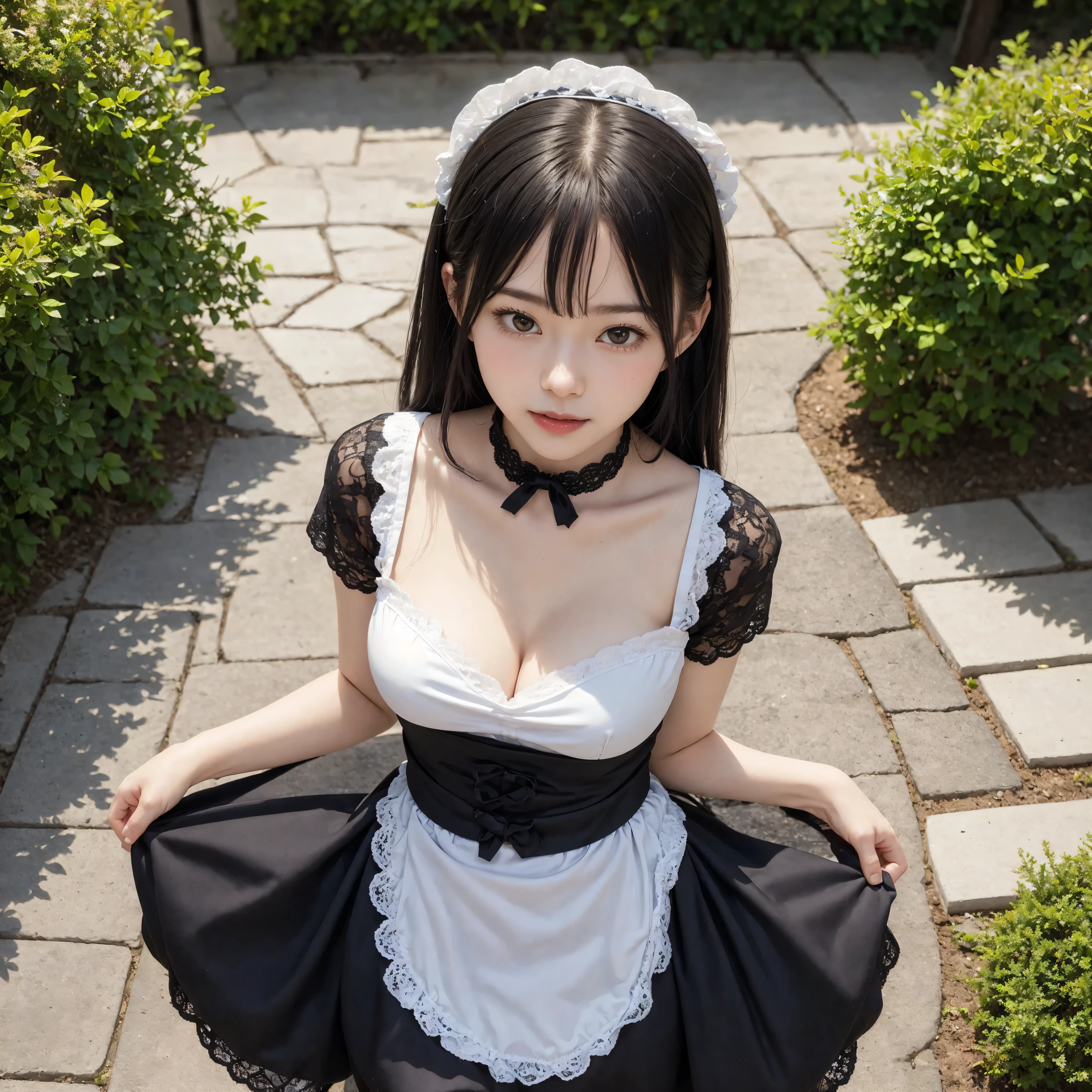 (1 cute young girl)、maids,look at viewers,(skinny:0.73),(younger:0.85),from above,tending a garden outside a traditional Western mansion,lean forward,(big breasts:0.59),Japanese,(Smile Yan:0.81),black lace stockings
