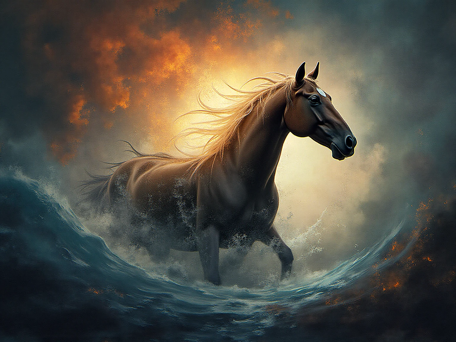 (best quality,4k,highres:1.2),ultra-detailed,(realistic:1.37)
Horse fighting with the sea,ocean waves crashing violently, majestic horse rising above the waves, water splashing all around, powerful motion, intense struggle, dramatic atmosphere, foamy spray, strong and muscular horse body, harmonious blending of horse's strength and sea's power, golden sunlight illuminating the scene, sparkling water droplets, dynamic and energetic, vibrant colors, breathtaking and awe-inspiring, compelling narrative, surreal and mystical, epic battle between nature and animal, captivating and unforgettable masterpiece, oil painting, expressive brushstrokes, realism at its finest