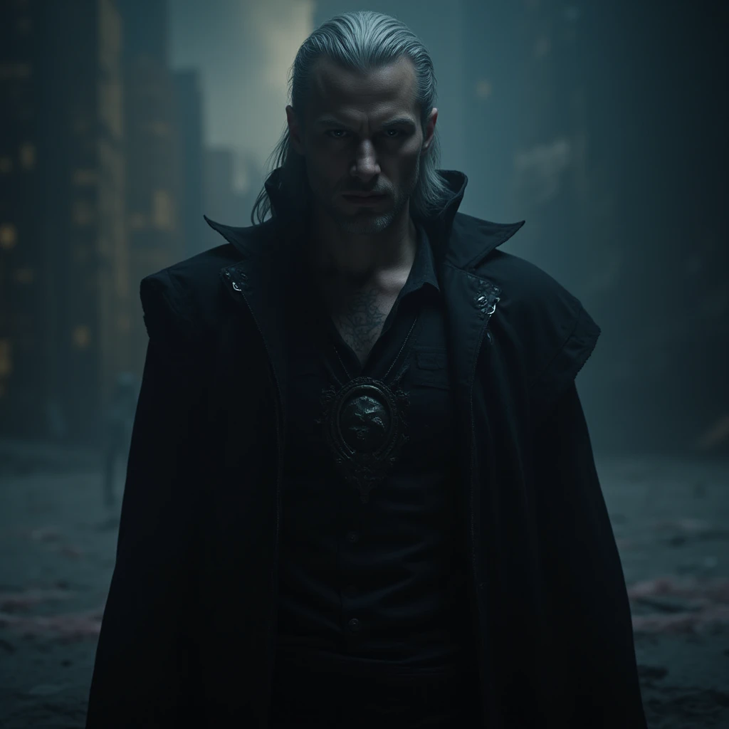 Man with long white hair and beard, dressed in a black tunic, Jedi style, Star Wars art, (looking at the camera, from the front) with a futuristic cyberpunk city in the background, lighting, intricate colors, very detailed image, hd, 4k, masterpiece, hyper realistic