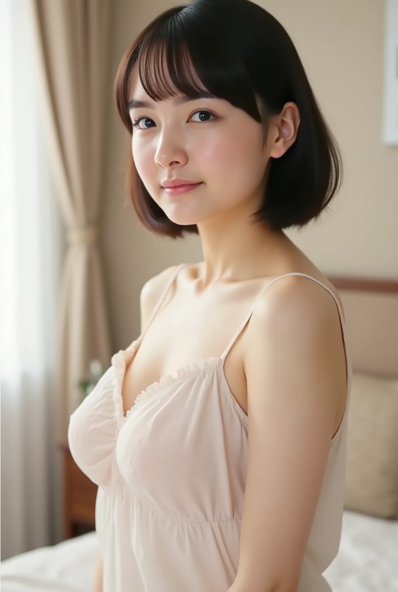 (( Premium Quality,  8k )), ((masterpiece)), ( details),    、dark hair,  Japanese girls,   first-person view   ,One Woman, a plump woman, petite woman ,   sexy,(  full nude, in the bedroom),(((    Super Giant Bust ,    full nude,  beautiful breasts,  short bob hair , dark hair))),  ((dark hair, full nude)) , (( No decoration,  no accessories,       without makeup  ))