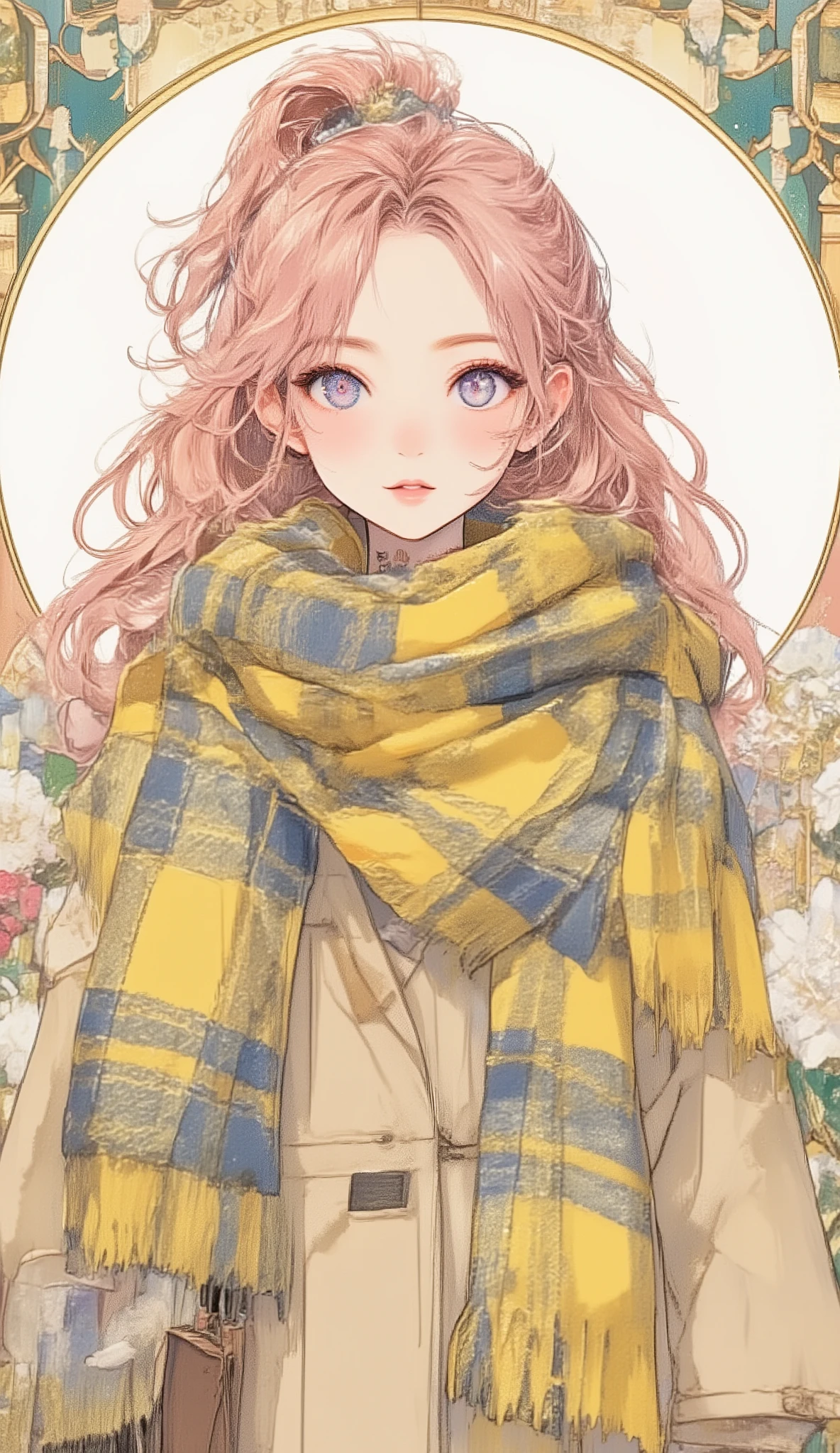 ((best image quality、Japanese Illustration Style))、Artistically drawn、A stunning portrait of a beautiful woman carefully drawn down to the smallest detail。20 years old、winter trend((Voluminous yellow and blue plaid scarf))xlong boots x((beige long coat))、cute mitten gloves、上品なpink hairの少女。(petite girl、pink hair、long hair、One ponytail、hair between eyebrows、Elf Ears、purple eyes、pink lips、(small flower tattoo on neck)、spot color、Graceful Posture、)(((facial expressions and gestures「Pure」「Close judgment」「Compassion」to visually express)))(Background: (posters、 cover: 1.4)、(Alphonse Mucha and Ross Doros work: 1.2)、( art deco 、flower art、Botanical Painting)、(white cyclamen: 1.3)、Depth、Flat Shading、Multicolor、vivid colors、colorful)、
masterpiece、(top quality)、(Ultra High Definition)、(white circle)Background:1.2 Scenery
Depth of Field:1.4、exquisite details