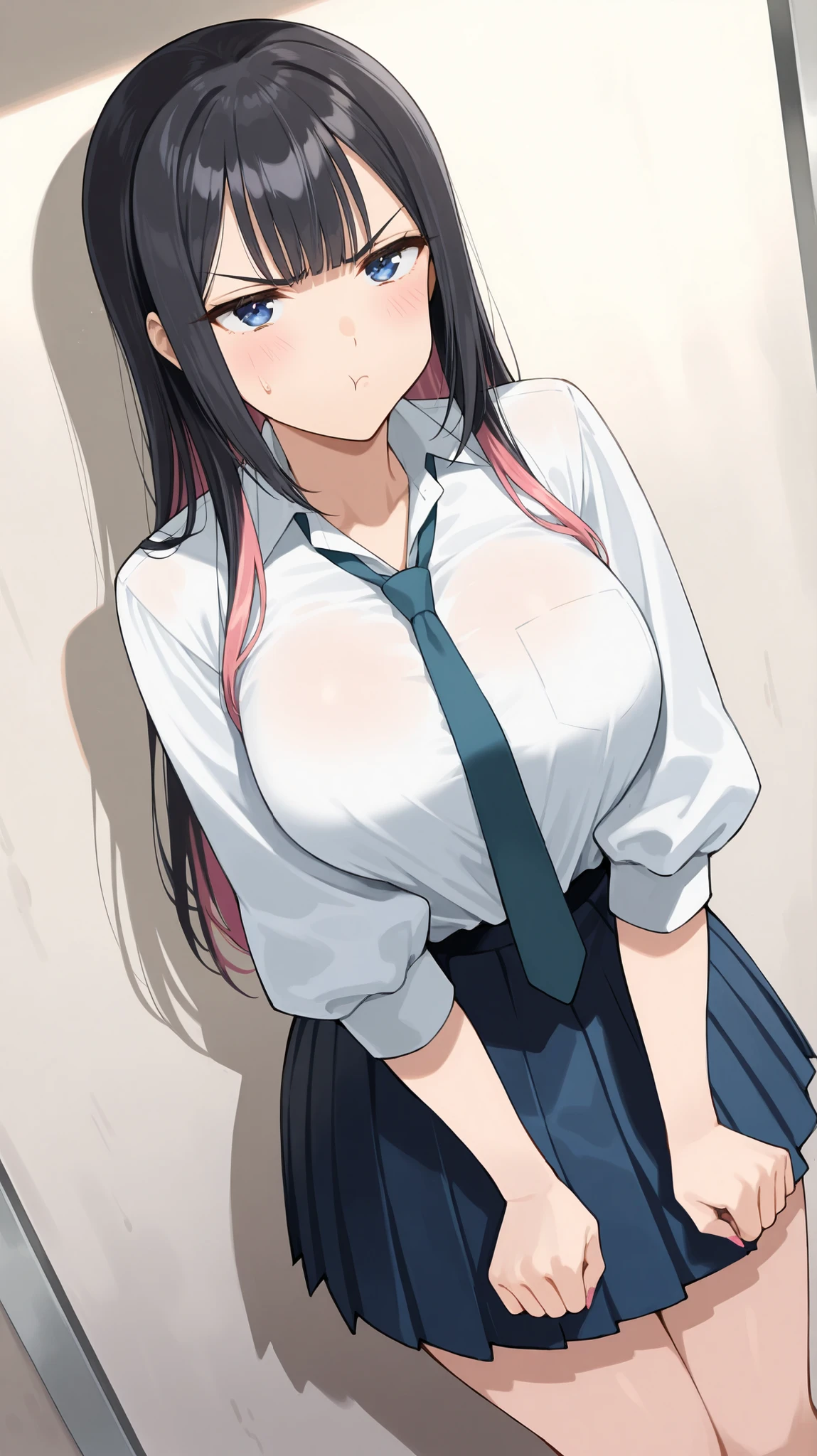 ((Studio: CloverWorks)) masterpiece , best quality , highly detailed , ultra high res , Score_9, Score_8_up, Score_7_up, perfect anatomy, detailed fingers, detailed big blue eyes, cowboy shot, dutch angle, focus on face, masterpiece, detailed anime, Sharp Focus, lady, JK, detailed face, detailed blue eyes, long straight hair, black hair, mature woman, pink highlights, straight bangs, joy in your eyes, knee, big breasts, solo (Long-sleeved white shirt with a loose tie, pleated skirt, pouting, angry, In the behind the school, wall)