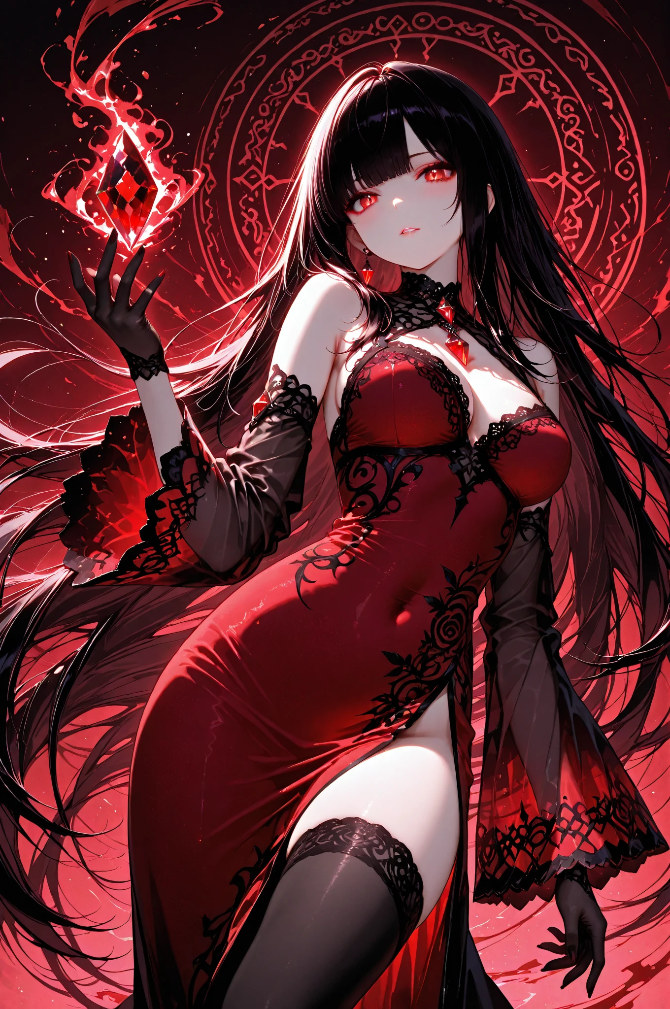 (Exquisite eyes),(Clear and beautiful eyes:1.61),masterpiece, 1 young girl,(Black clothes and some red gems), Black long hair, (She has a huge red gem on her chest), Good Hand,((The Havoc of StarCraft)),full-body shot,Fighting Stance,(Red Eyes:1.466)，short and small,(Very big breasts:1.35),(Pretty Face),(full-body shot:1.33),Beautiful hands