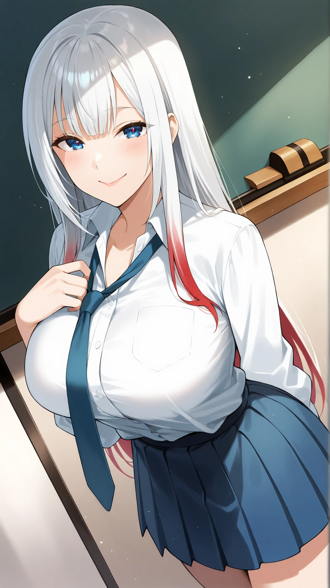 ((Studio: CloverWorks)) masterpiece , best quality , highly detailed , ultra high res , Score_9, Score_8_up, Score_7_up, perfect anatomy, detailed fingers, detailed big blue eyes, cowboy shot, dutch angle, focus on face, masterpiece, detailed anime, Sharp Focus, lady, JK, detailed face, detailed blue eyes, long straight hair, white hair, mature woman, red highlights, straight bangs, cheerful, joy in your eyes, knee, big breasts, solo (Long-sleeved white shirt with a loose tie, pleated skirt, In the behind the school, wall)