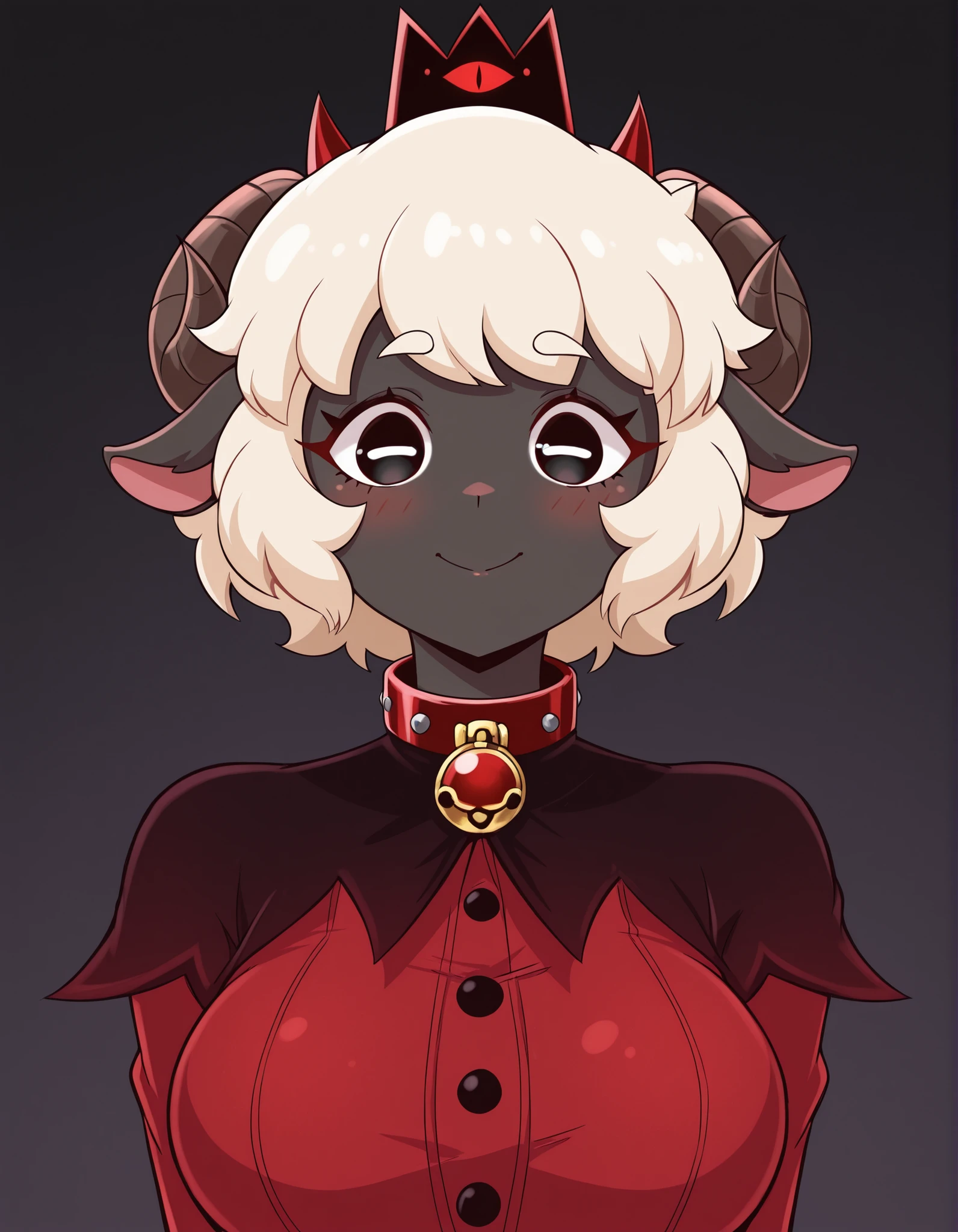 jasminthemanticore_style, shiny,, masterpiece, best quality, very aesthetic, 1girl, solo, cult of the lamb, sheep girl, collar, horizontal pupils, red/black eyes, red crown,