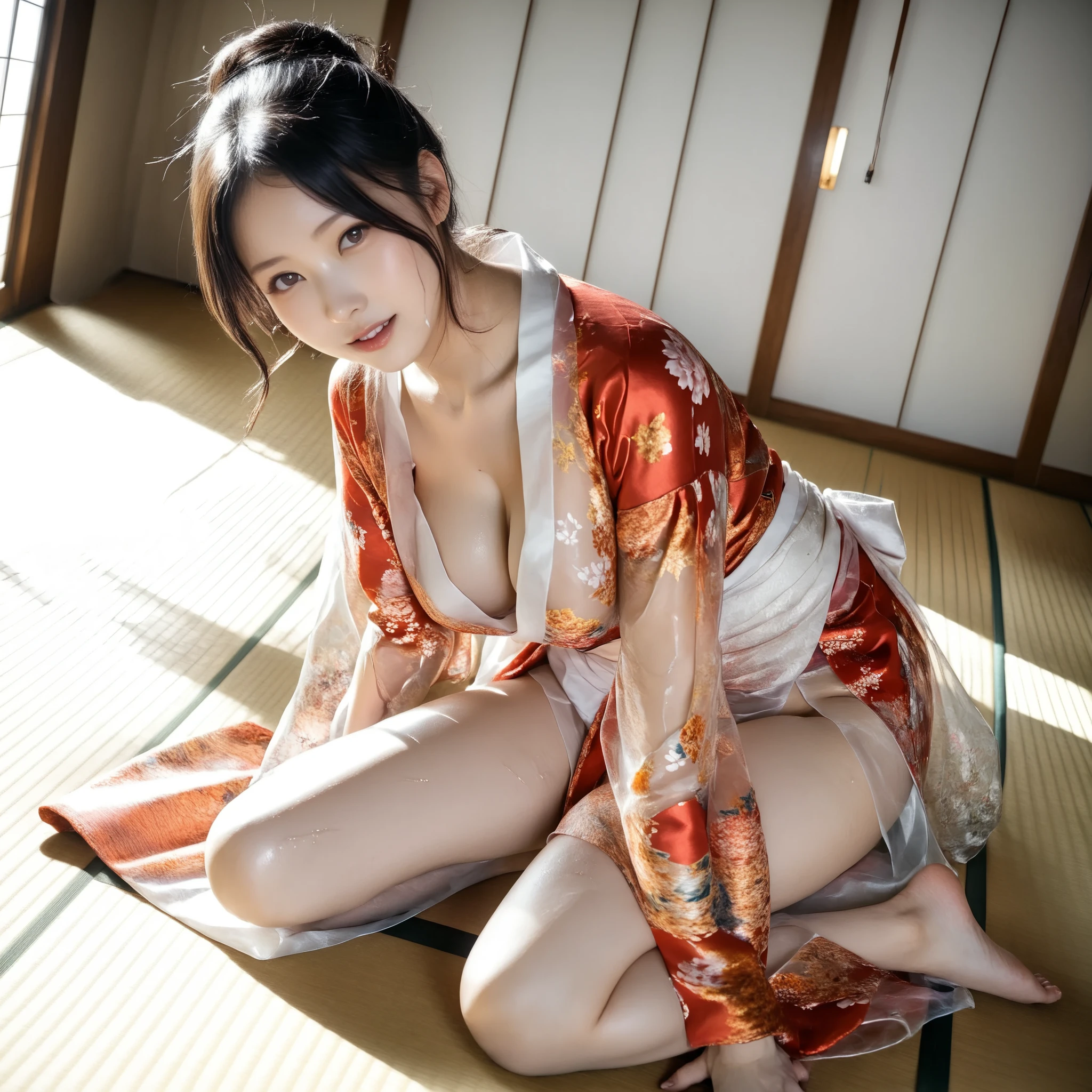 最High Quality 、High Quality 、 最high definition、high definition、8K quality、high image quality 、最High Quality、 masterpiece 、immersive video、 very realistic images of the floor at night 、Realistic Paintings、 perfect details 、 from out of view High contrast 、High Fidelity、 perfect pictures without blur、close to reality、 image faithfully reproduced down to the smallest detail、 EXQUISITE AND REALISTIC WEAPONS 、 Exquisite and realistic human skin 、 Realistic face in every detail、 Realistic eyes with attention to detail 、 realistic lips drawn with minimal detail 、 detailed and real teeth、Real Ears、 Realistic Hair 、((Japanese Model))、((gravure idol))、((Young face))、((black hair))、((medium rounded breasts))、((stylish body ))、(((Sweaty skin all over )))、((Wear a floral kimono made of transparent vinyl,Clear vinyl fits your skin perfectly))、((Wear a floral kimono made of transparent nylon,Clear nylon adheres perfectly to the skin))、((See your skin through a clear vinyl kimono))、((See your skin through a clear nylon kimono))、((Traditional Japanese room))、(((Sexy side seat on tatami mat in a Japanese-style room )))、(((Full Body Footage from Head to Toe,)))、(((look at her from a random angle)))