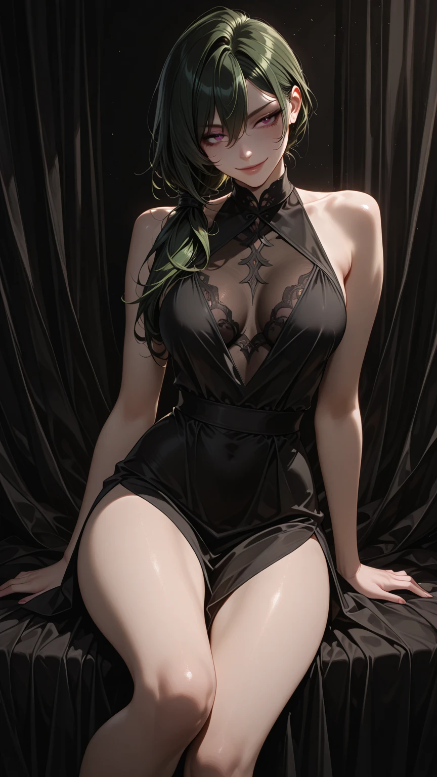 The best of Masterpiece on The Worldwide, the best of landscapes on worldwide, Improved quality, the best of shadow, High quality, Good , Healthy body, Whole fingers, Normal digits, HD quality image, perfect half hair color, perfect Heterochromia eyes, highlight, perfect view, perfect body, full body( all body like hair can be long or short hair, head, nose, mouth, neck, shoulder, arm, hand, hips, thighs, legs, and feet on picture), iron collar, beautiful and cute girl, perfect and cute girl, perfect skin, perfect hairstyle, beautiful girl, hair accesories, small breast, diamond ears piercing, gold bell bracelet, gold bell anklet, anime babe, demon's horns, demon eyes, perfect black-blue dress, high heels, 