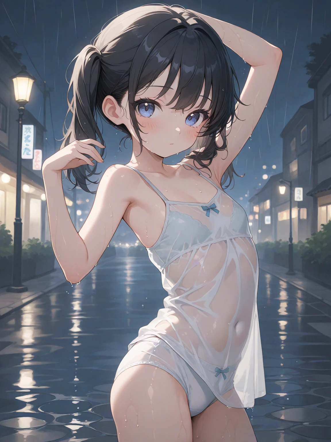 Highest quality , High resolution , Detailed CG , short hair , Sailor suit , Modest chest , Black Hair , thumb、index finger、Middle finger、ring finger、小指のOptimal ratio , Two limbs , Optimal ratio , Embarrassed expression , Burning cheeks , In town , Back alley at night ,  are visible , touching one's own breasts with one's own hands ,  expression during 