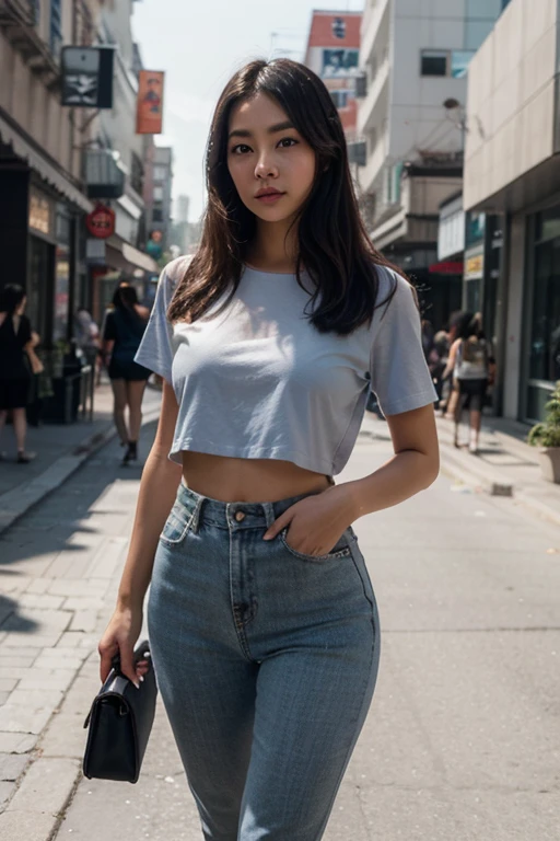 
masterpiece, best quality, portrait of 1girl, realistic, bob hair, wearing pink t-shirt and short denim pants, standing di the park, perfect body