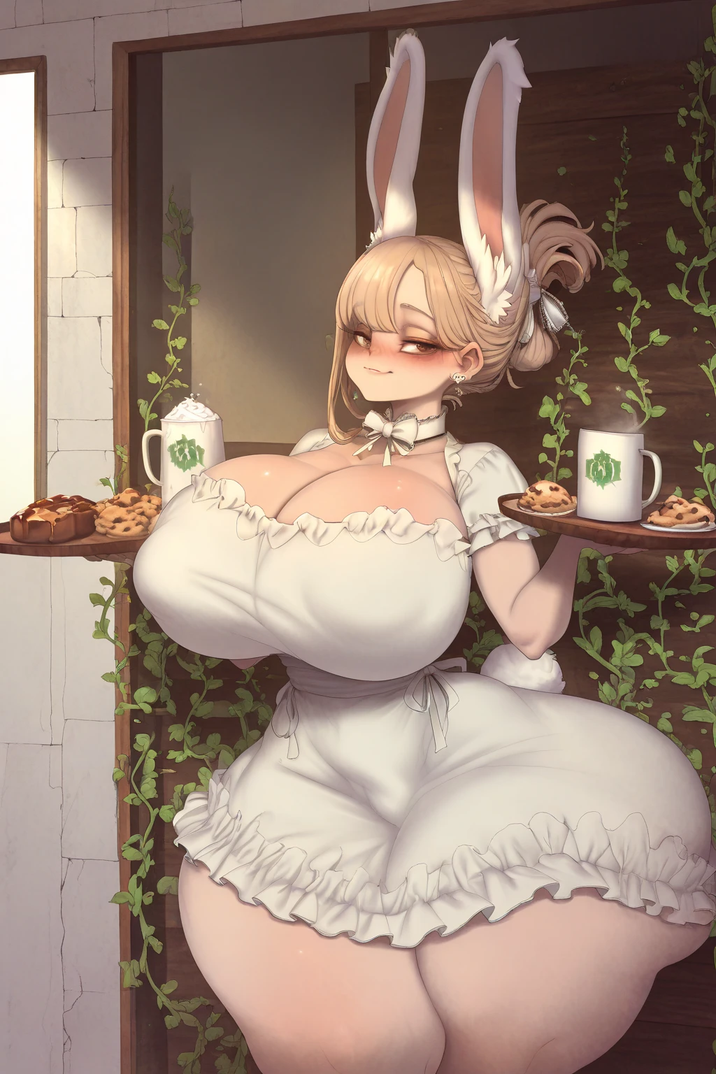 (masterpiece, best quality, highres, detailed, realistic:1.2), korean woman, young, teenager, skinny, slender, (gigantic breasts:1.5), (bursting breasts:1.4), (detailed face, beautiful face), cute, enthusiastic, (innocent expression), braided hair, bunny ears head band, bunny outfit, crowded bar, vibrant colours