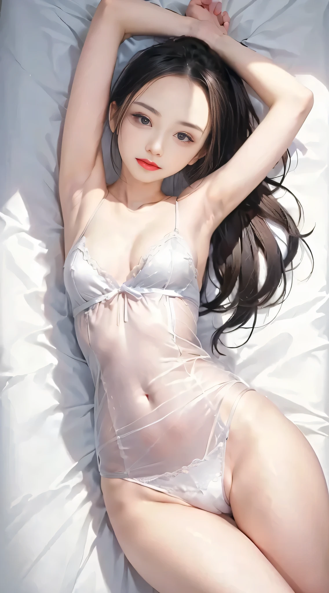 Very close-up, 1 Cute Girl, age is 18 years old, long-haired, black, eyeglasses, viewer look, slim waist, natural small , perky , Charming gestures, , cleavage, navel, clavicle, Seductive smile, (Dresses, See-Through, white:1.5), Random natural light color, Full body, ((pillow, enough, head support)), ((scene, sheet, enough, white, flat)), anime, ultra highres