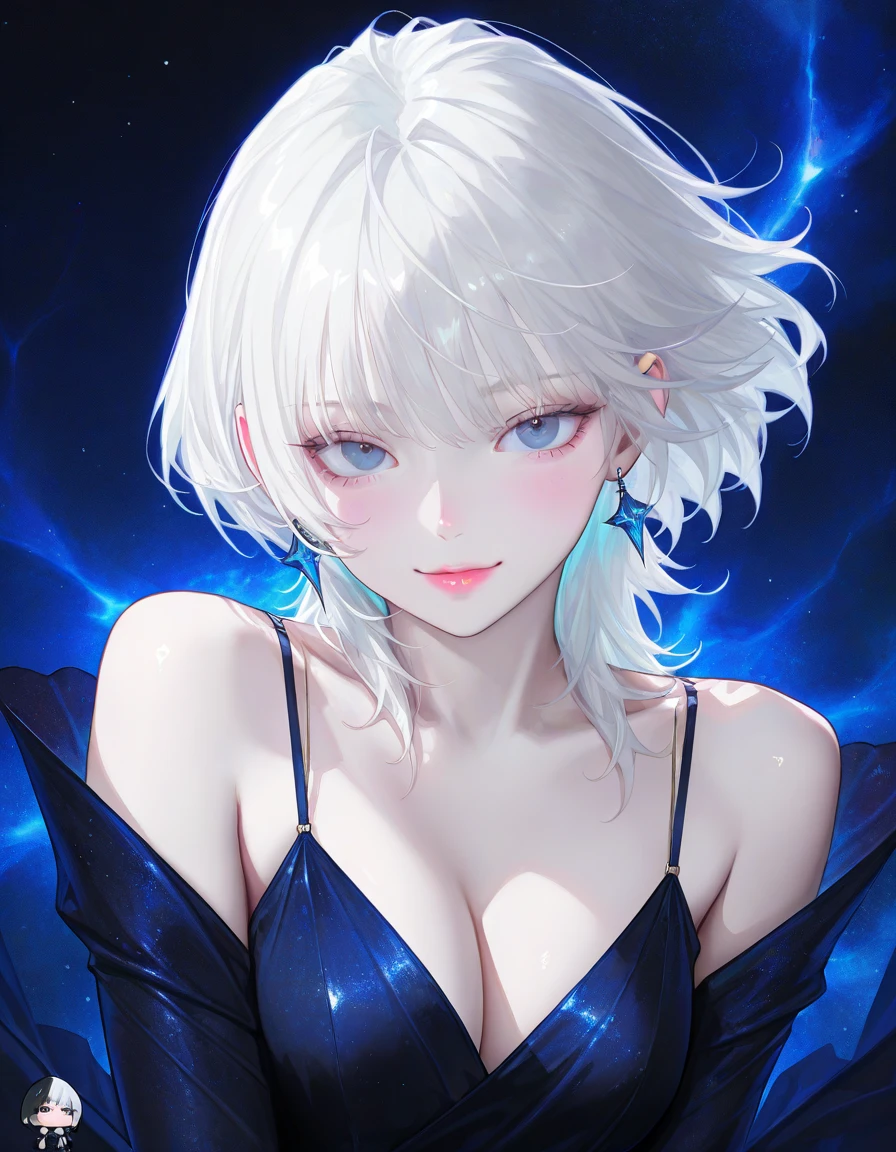 Incredibly detailed photograph of a beautiful vampire alien woman, Renacimiento, Pelo largo y blanco, intrincados ojos blancos, fantastical, Ombligo descubierto, Traje de lujo blanco