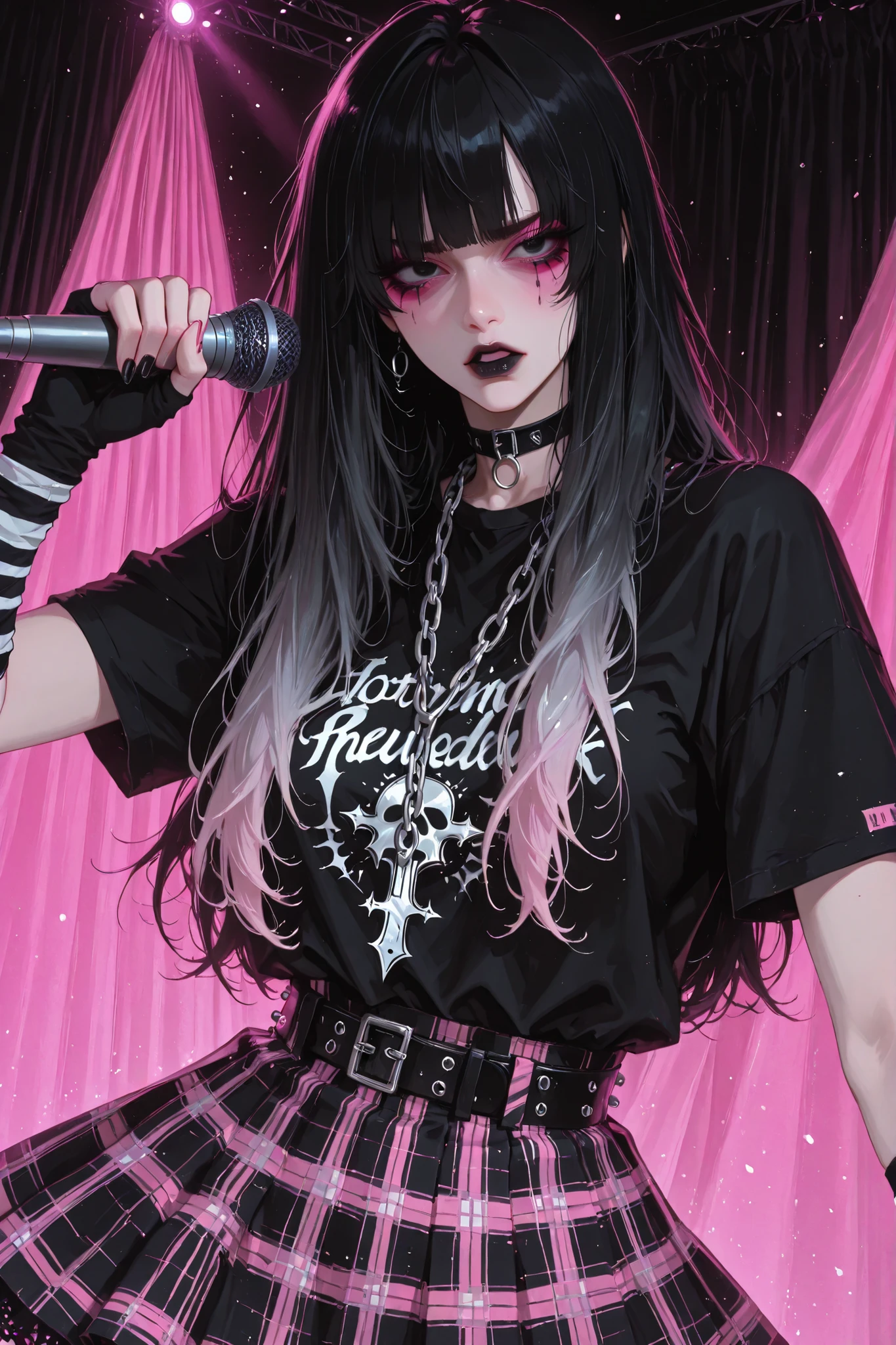 anime style, anime coloring, 8k, HDR, extremely detailed face and eyes, beautiful face and eyes, solo, beautiful, cool, masterpiece, top quality, great
quality, dynamic pose, background, highres, character focus, 1girl, young woman, dynamic hair, dynamic clothes, multicoloured hair, gradient hair, black hair, long hair, layered_haircut, curtain_bangs, neon_pink_highlights, neon_pink, black eyes, pink eye makeup, black lipstick, loose black t-shirt, threadbare t-shirt, stud belt, short skirt, neon_pink tartan frilly skirt, silver chains, chain necklace, multiple chains, long_striped_fingerless_gloves, pink_stripes_on_fingerless_gloves, black choker, dancing on stage, energetic, dynamic, punk, emo, singing, clutching the microphone, agressive expression, furrowed brows