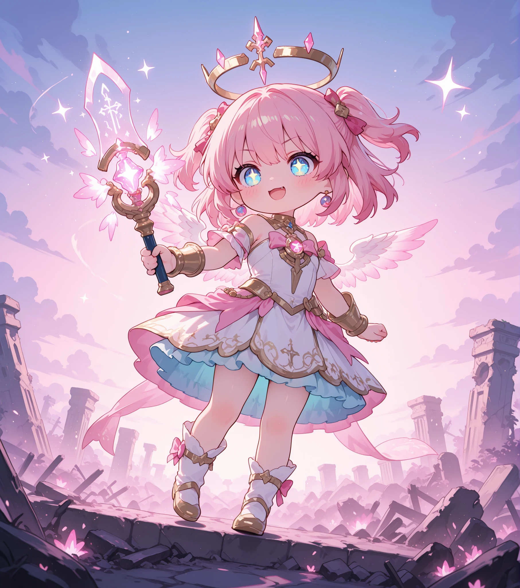 Chibi anime style illustration of the "last heir" holding a glowing ancient artifact.
The character has a small cute body, oversized sparkling eyes, and a determined yet playful expression.
They wear a whimsical outfit with magical runes, symbolizing their inherited power.
The artifact shines brightly, casting soft light around them,
while floating symbols and sparkles emphasize its mysterious legacy.
Background shows a dreamy fantasy landscape with ruins, glowing crystals, and pastel skies.
Dynamic composition with cinematic lighting, pastel tones, detailed accessories,
and a playful atmosphere that captures both cuteness and destiny.